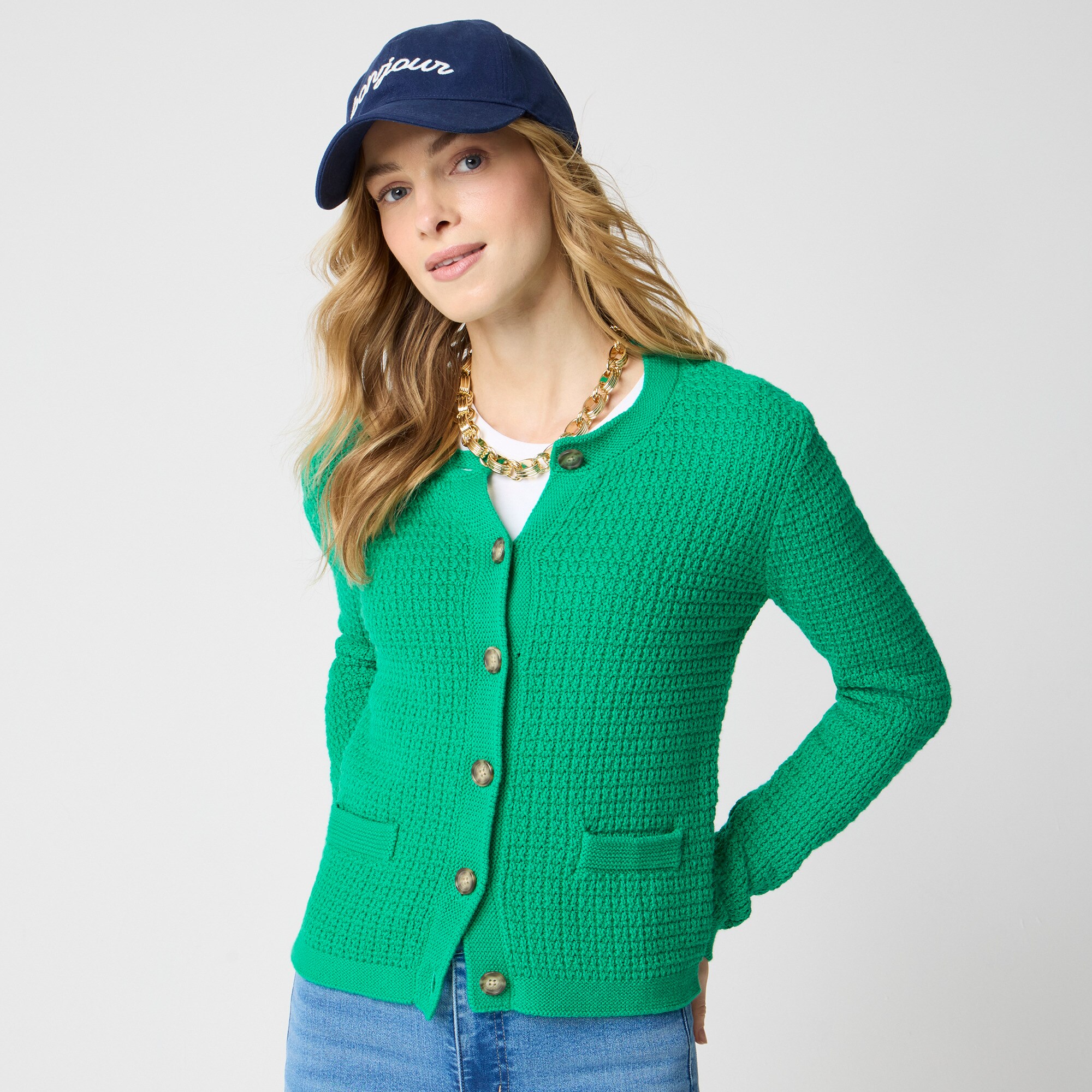 Stitched crewneck cardigan sweater