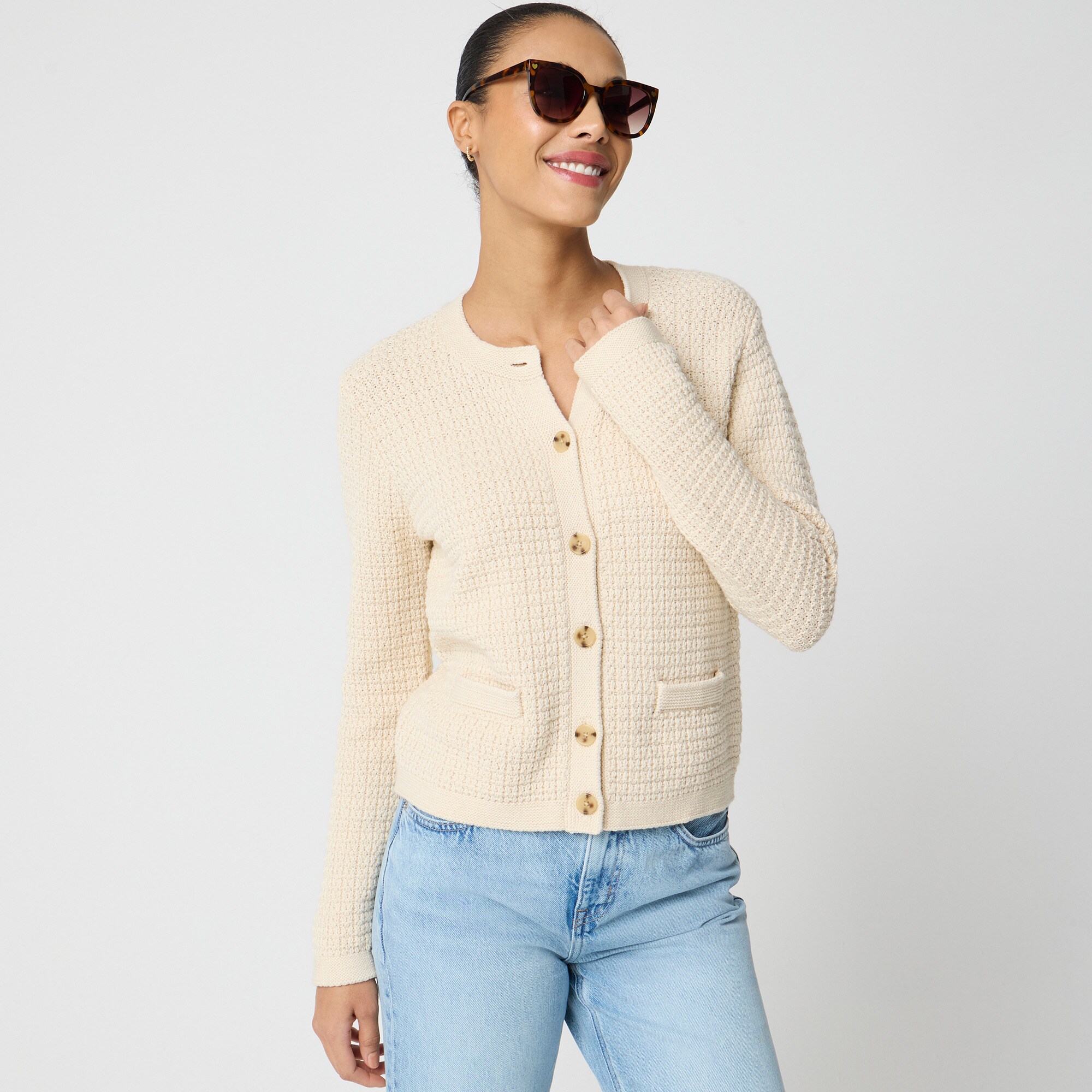 Stitched crewneck cardigan sweater