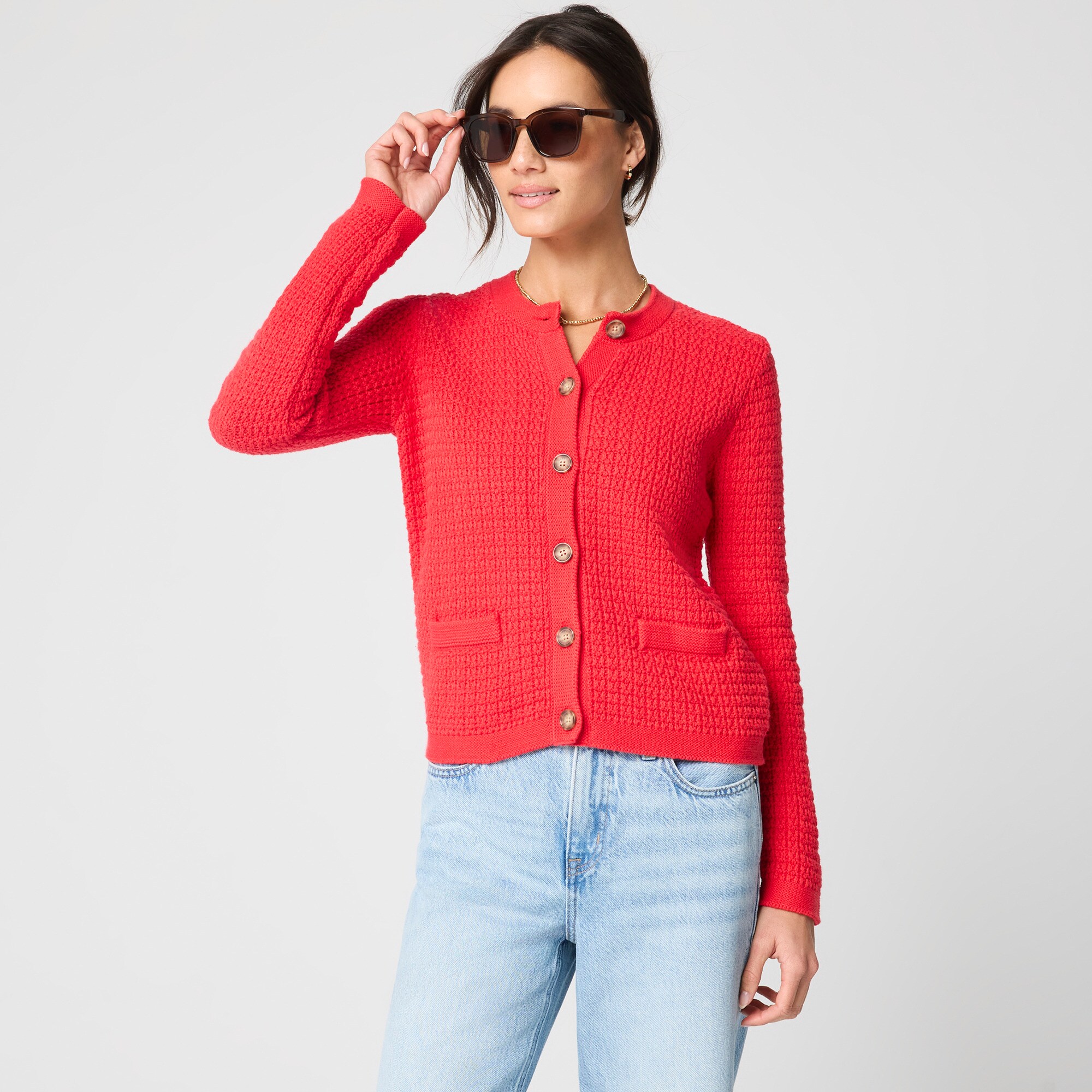  Stitched crewneck cardigan sweater
