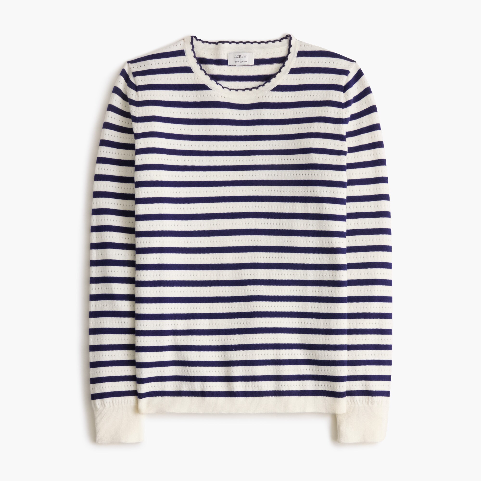 Striped pointelle scallop-neck sweater