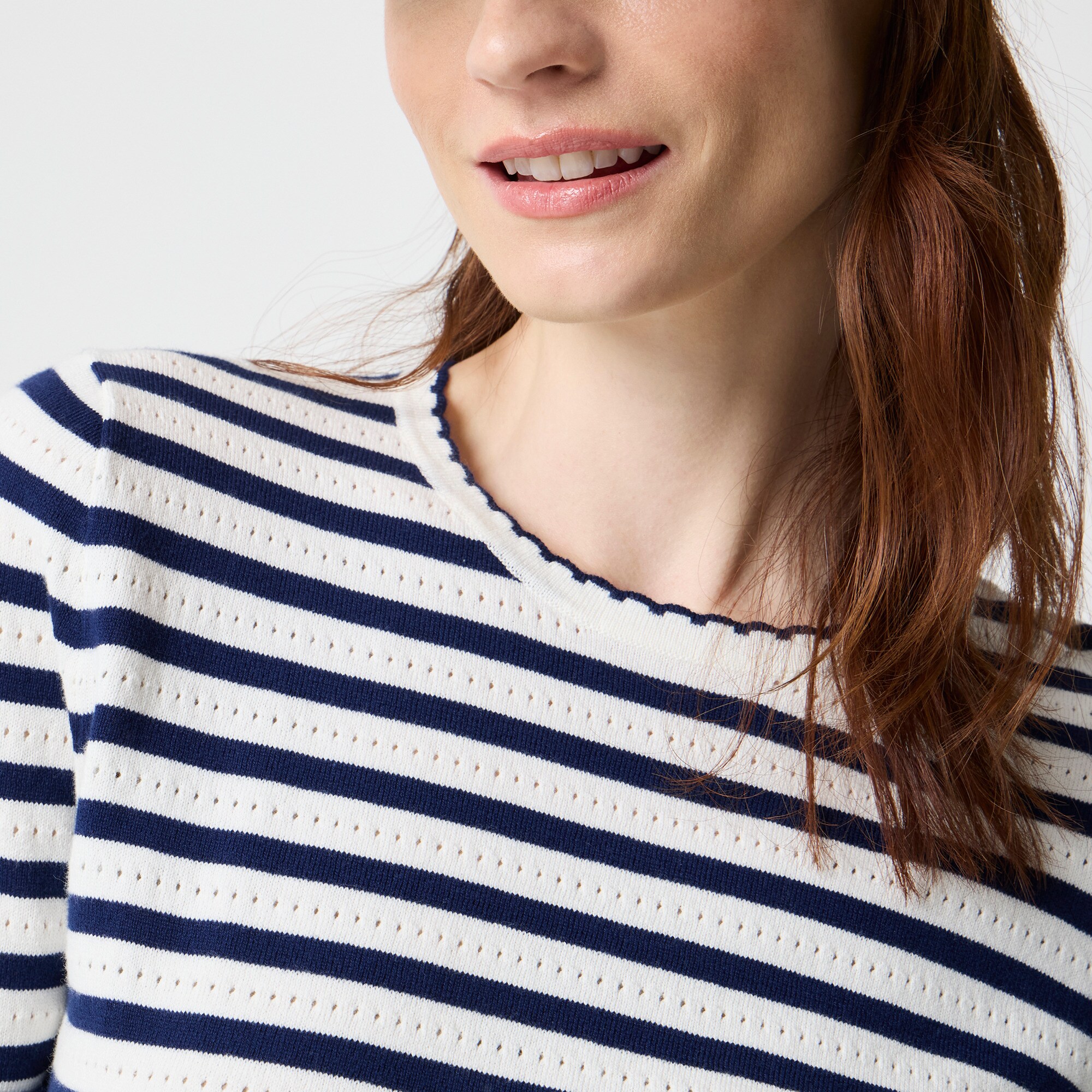 Striped pointelle scallop-neck sweater