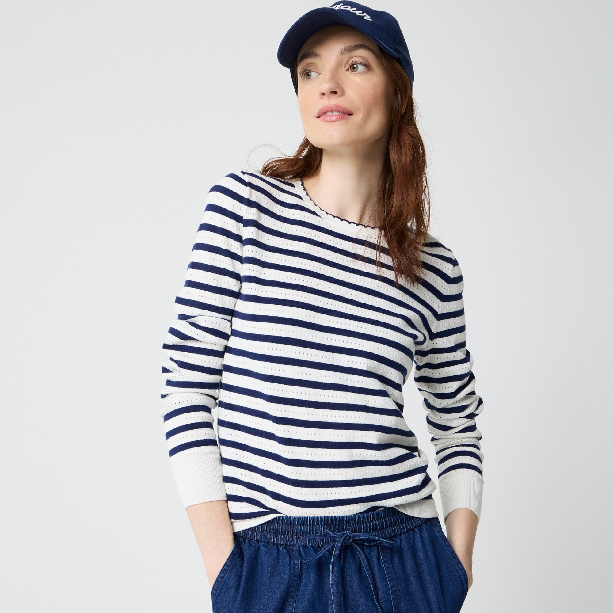  Striped pointelle scallop-neck sweater