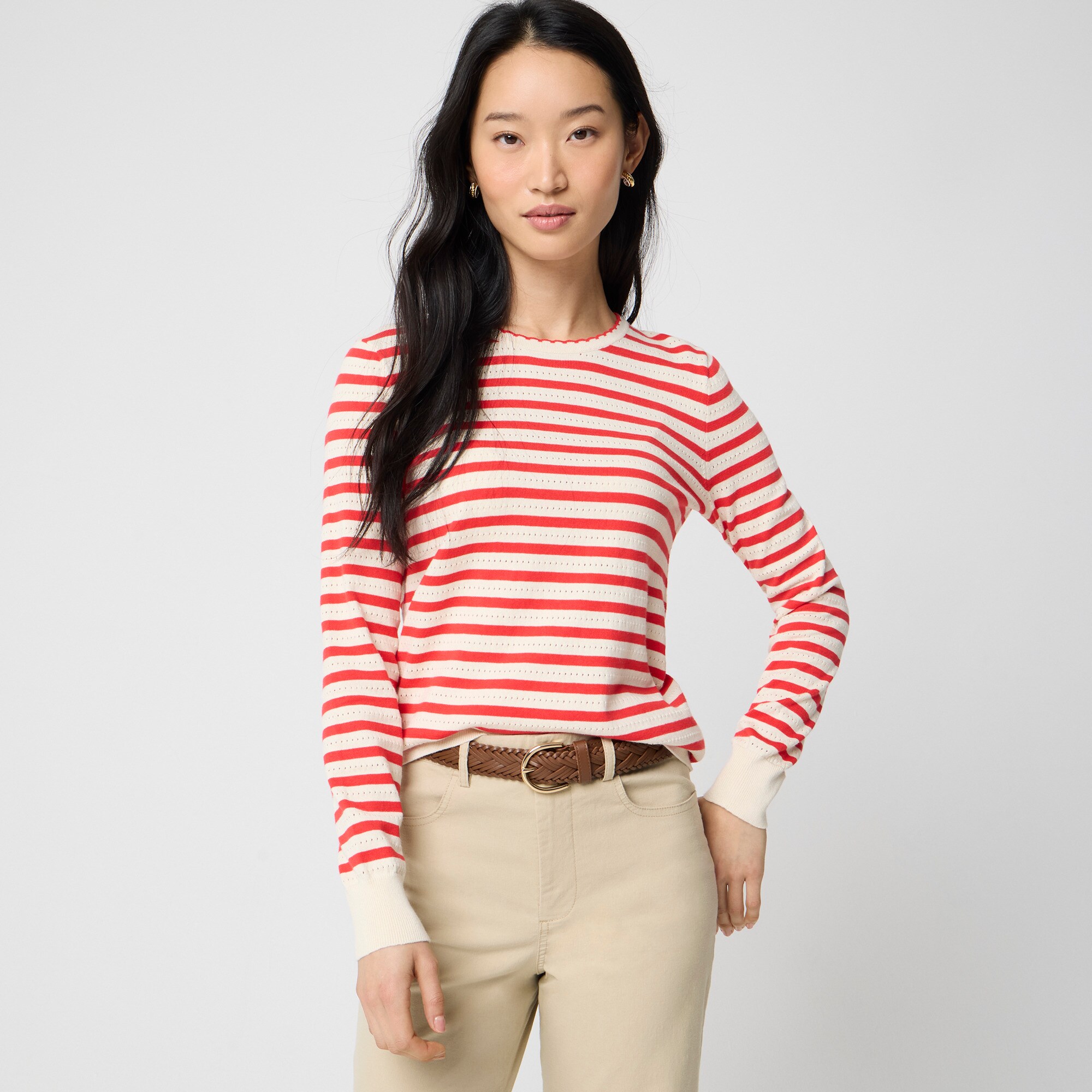 Striped pointelle scallop-neck sweater