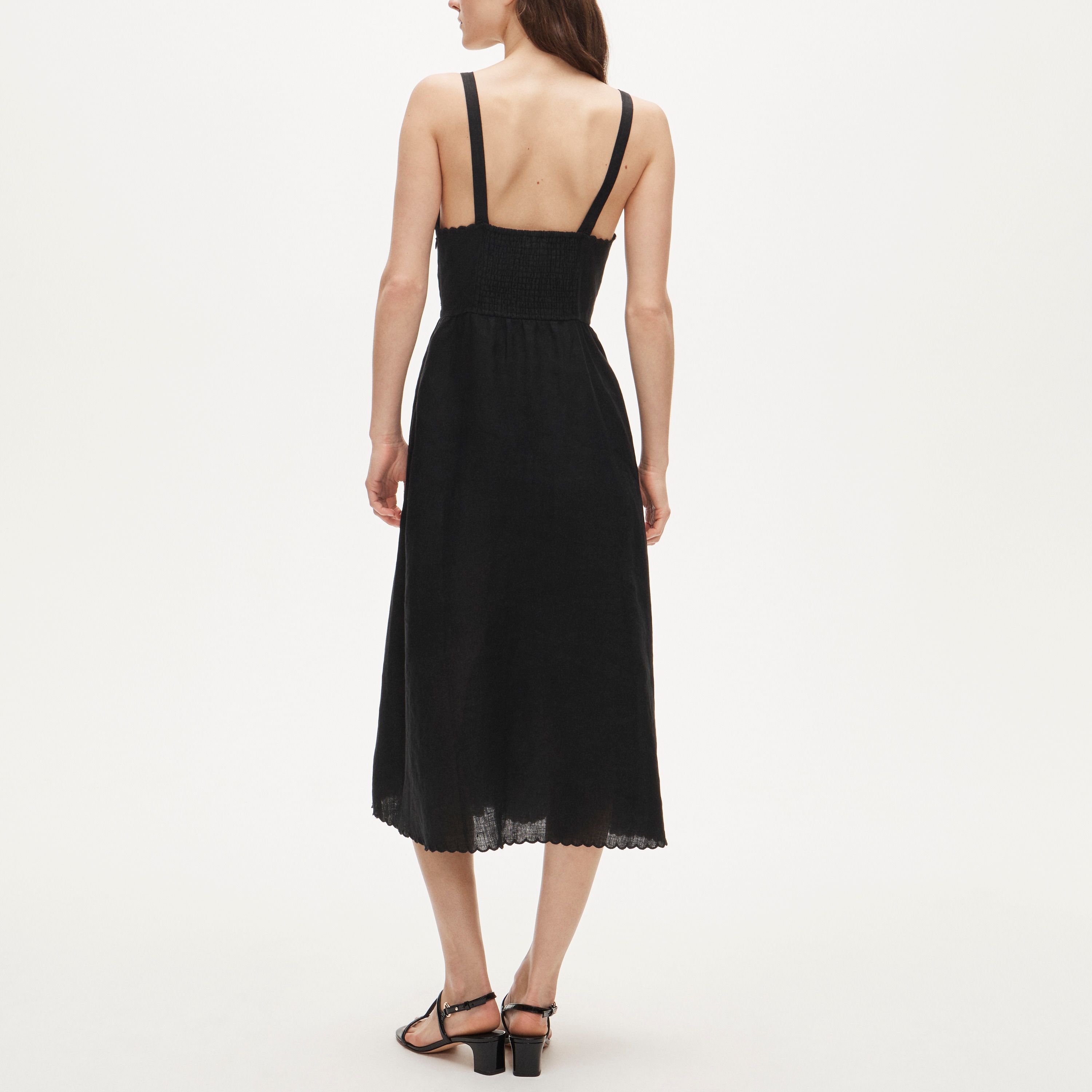 Linen faux-wrap scallop-trim dress