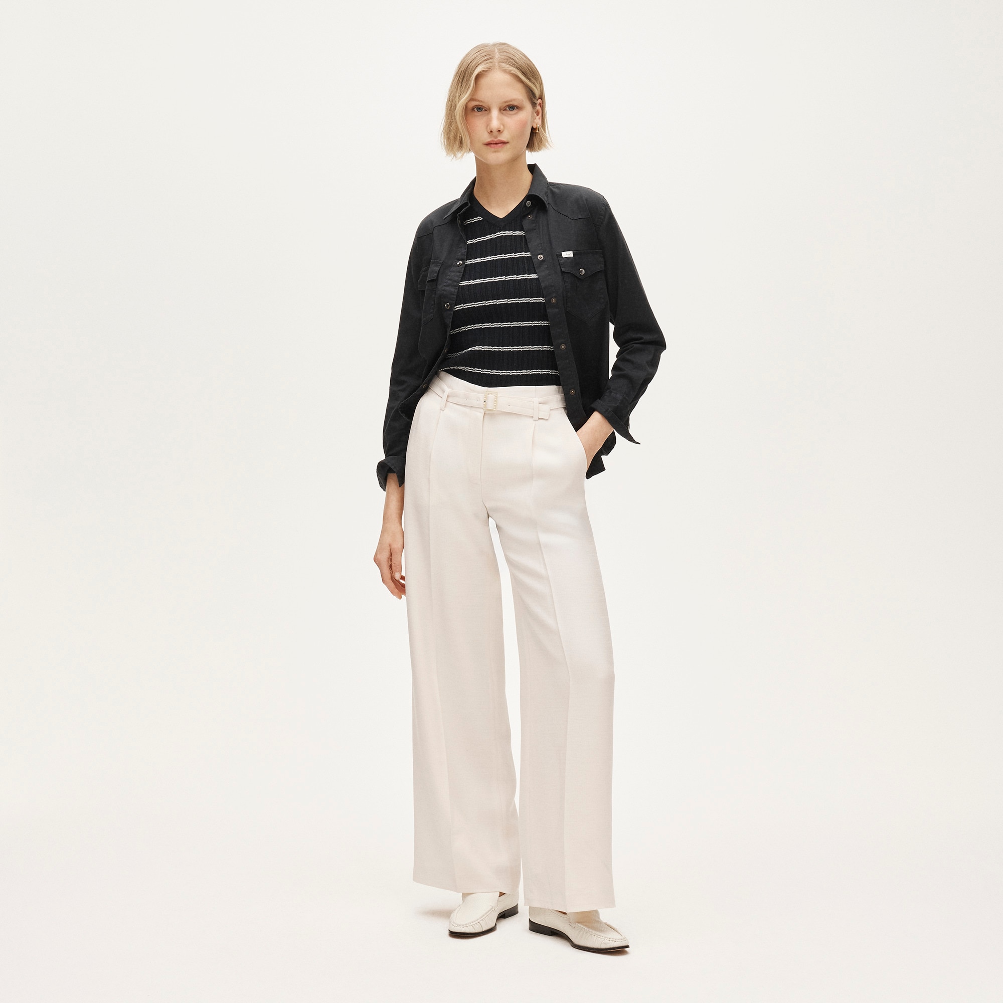 Wide-leg belted pant in luster canvas