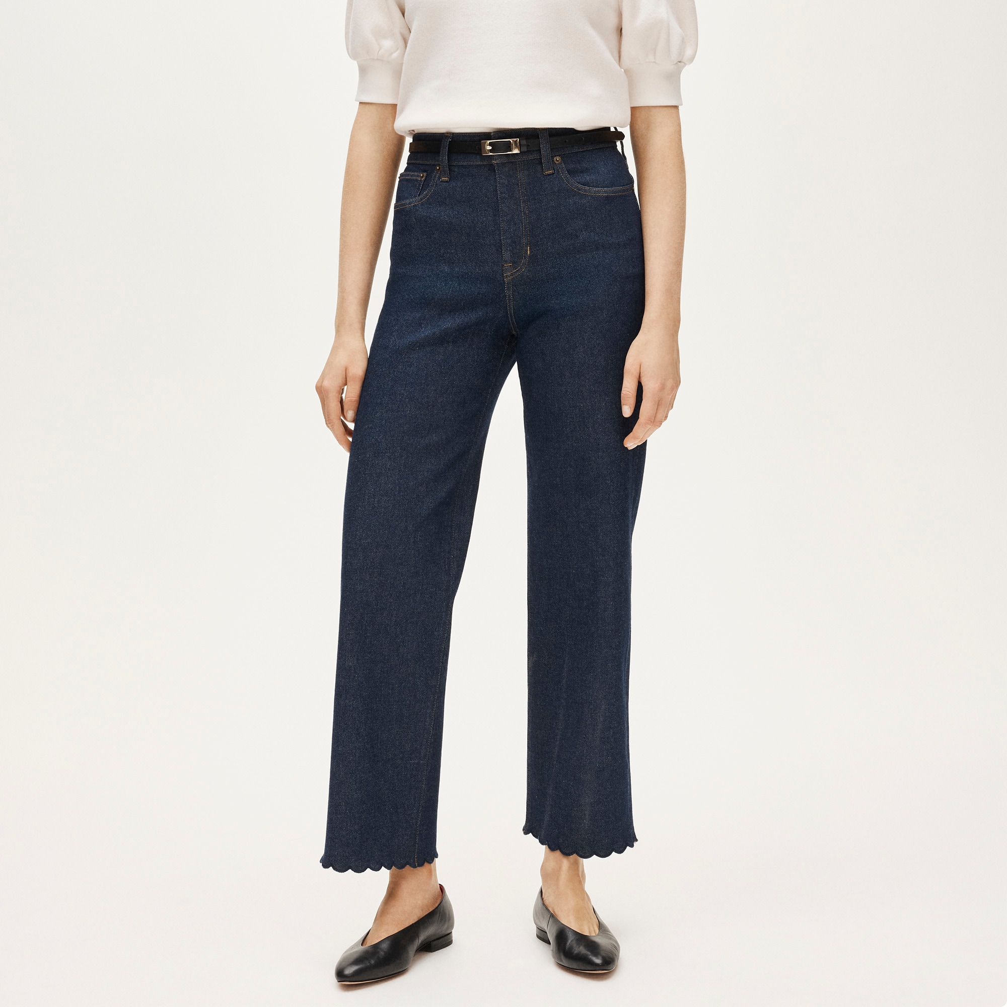 Scallop-trim slim-wide jean