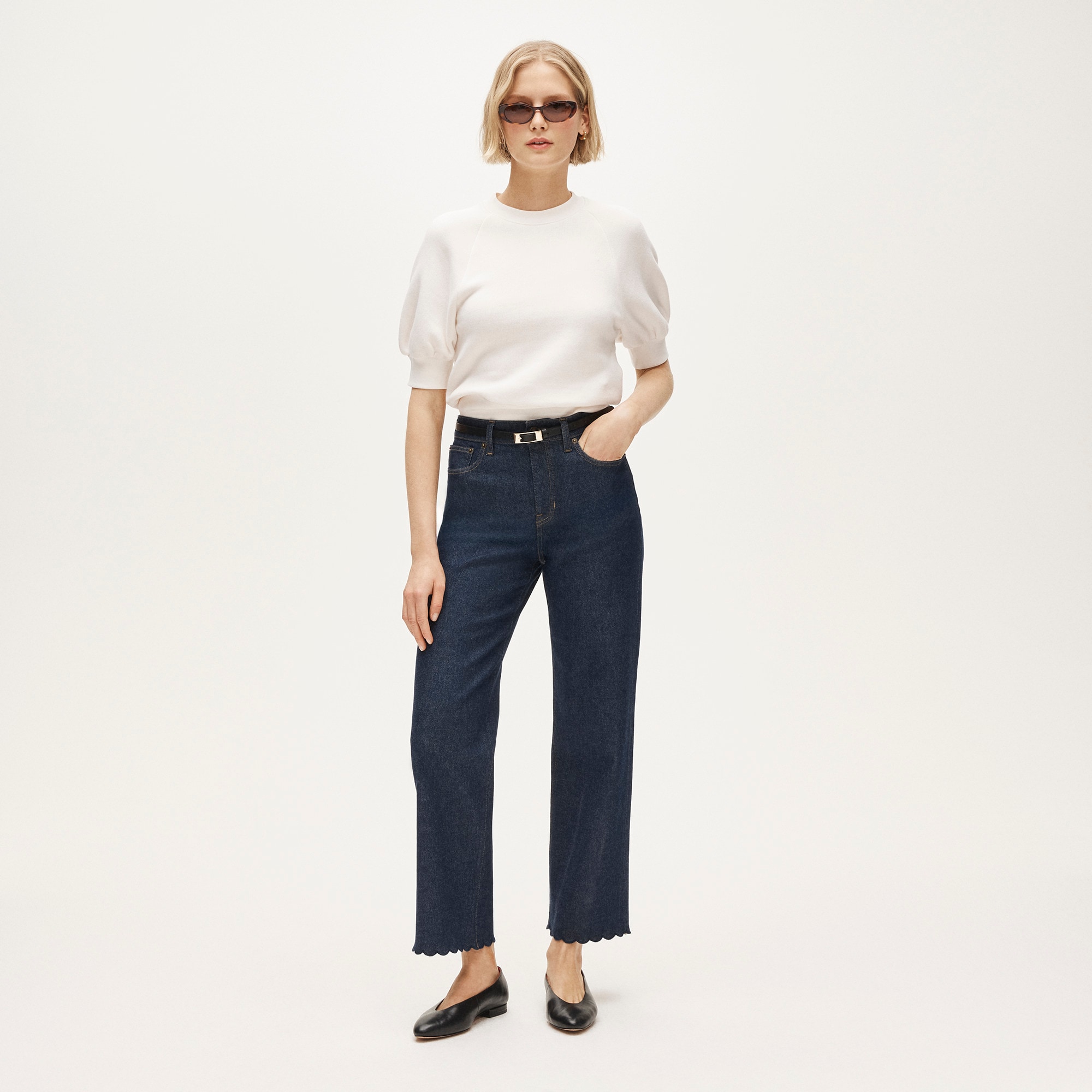 Scallop-trim slim-wide jean