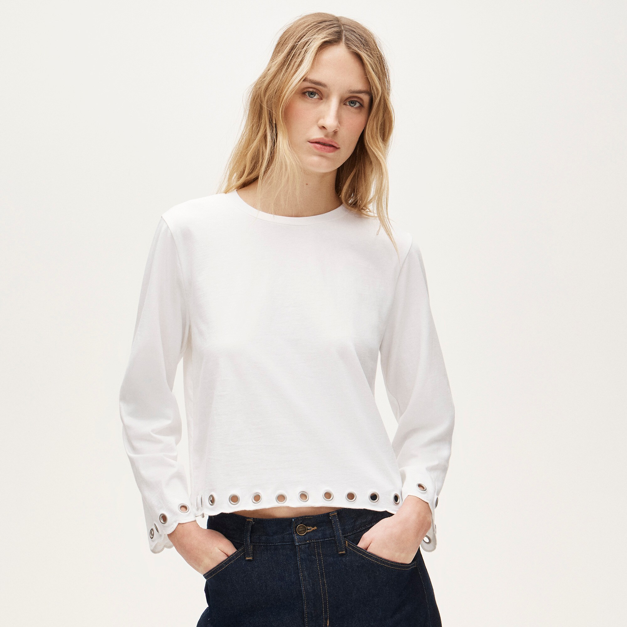Boyfriend jersey relaxed long-sleeve T-shirt with grommets