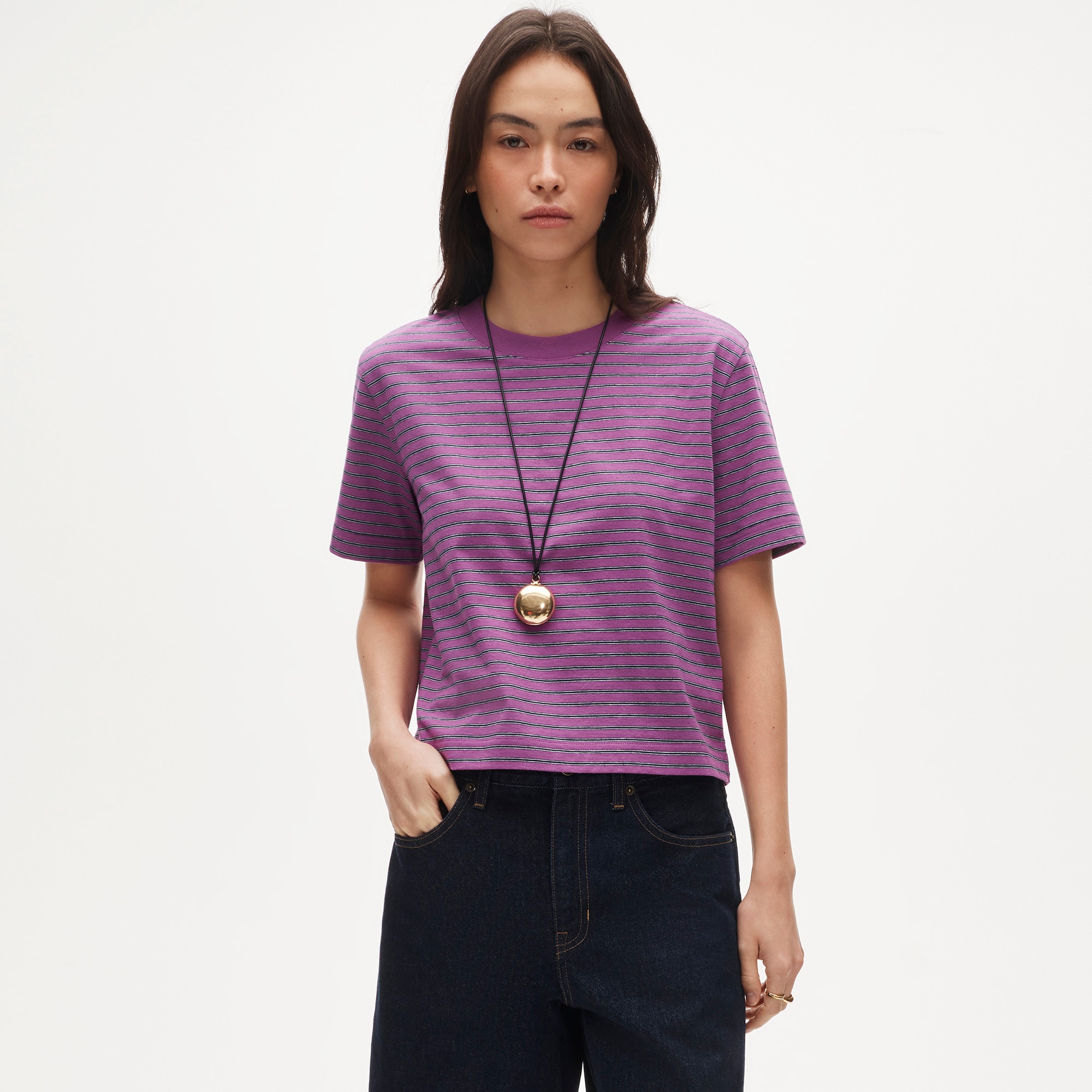 Boyfriend jersey relaxed cropped T-shirt in stripe - image 2
