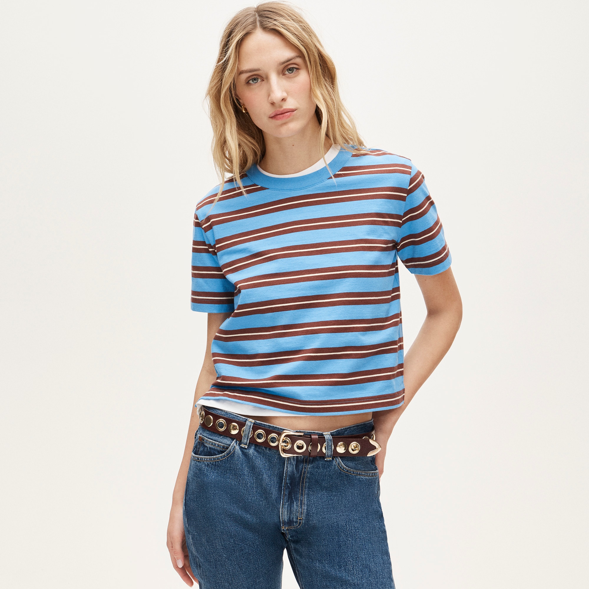 Boyfriend jersey relaxed cropped T-shirt in stripe - image 2