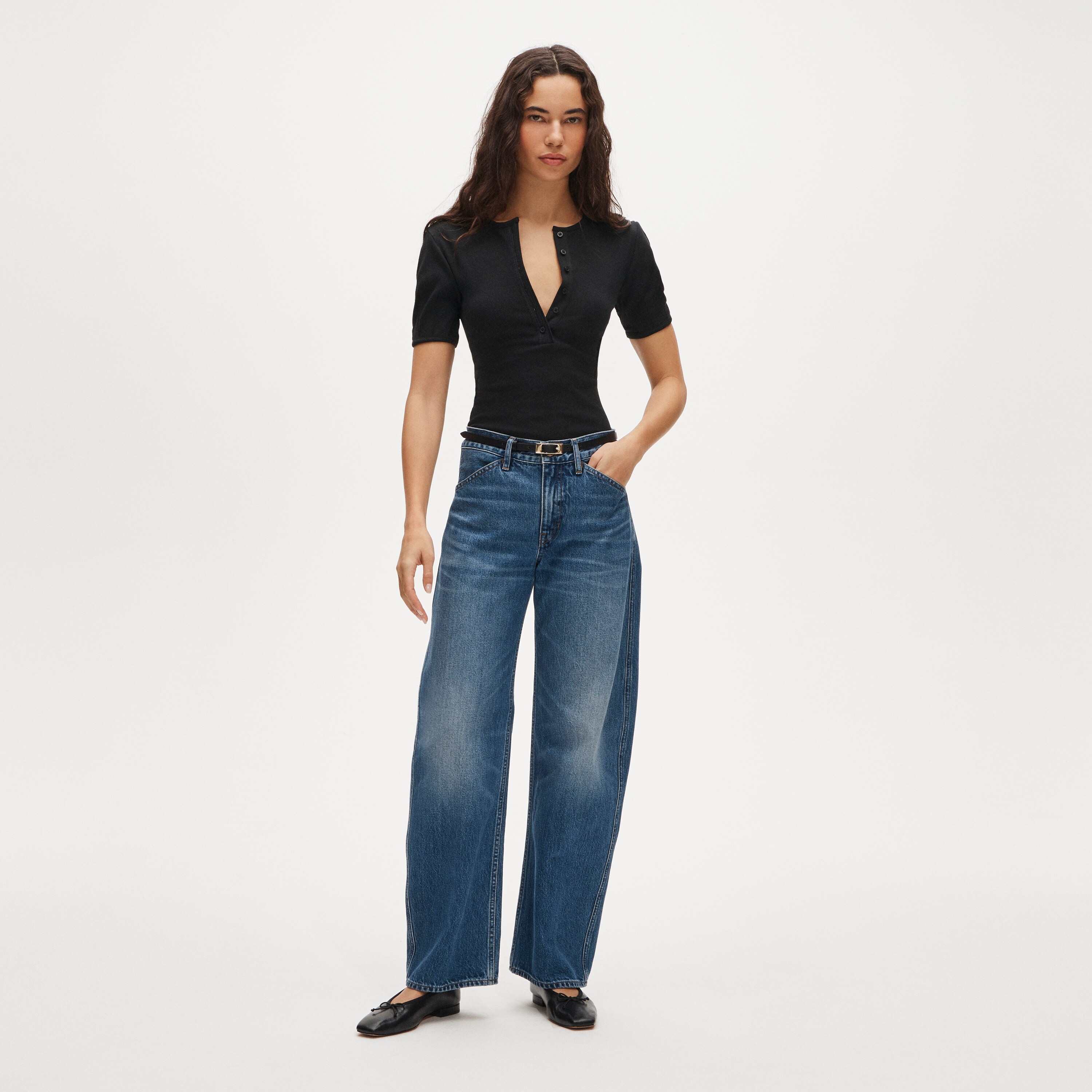 Perfect rib puff-sleeve henley shirt