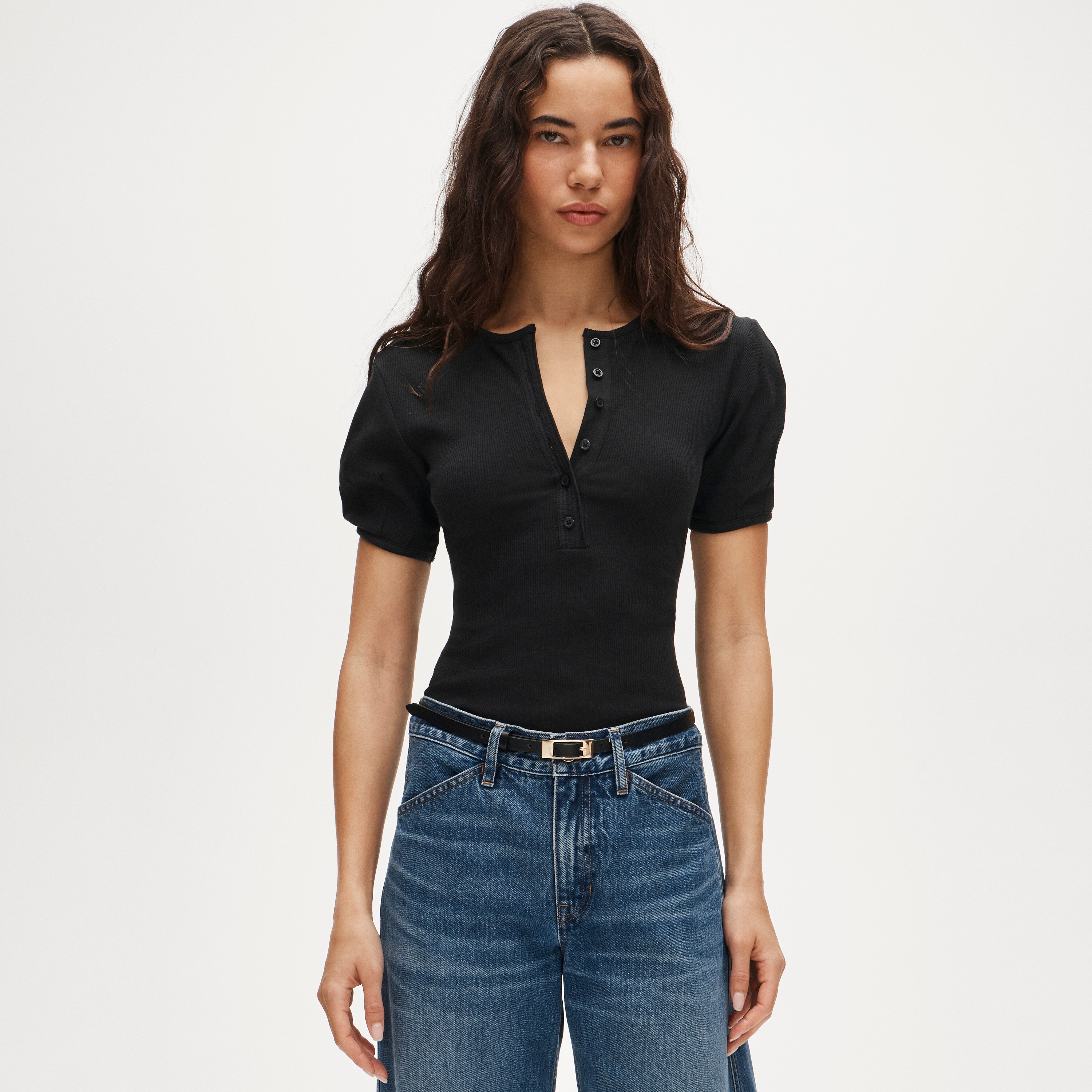 Perfect rib puff-sleeve henley shirt