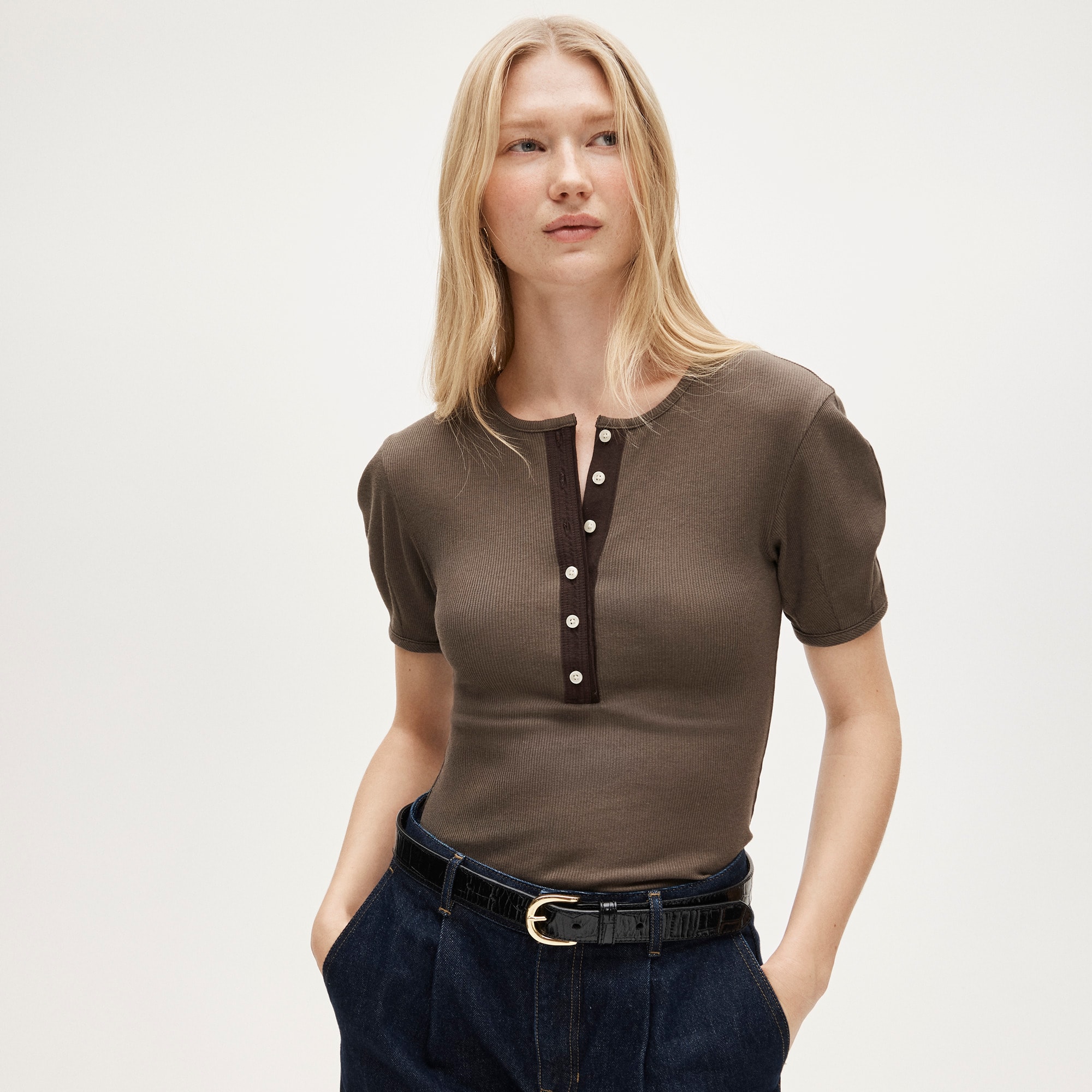 2025AW 【HanesforBIOTOP】HENLEY NECK&CREW Perfect Rib Puff-sleeve Henley Shirt For Women | J.Crew