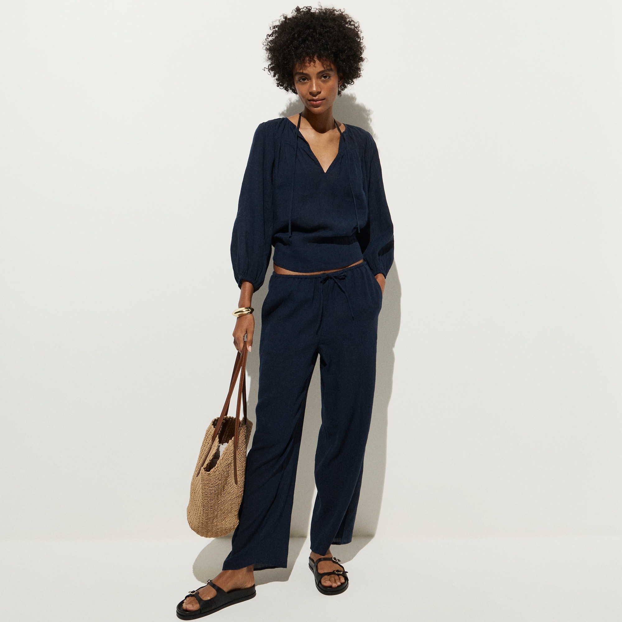 Long-sleeve tunic top in linen-cotton blend