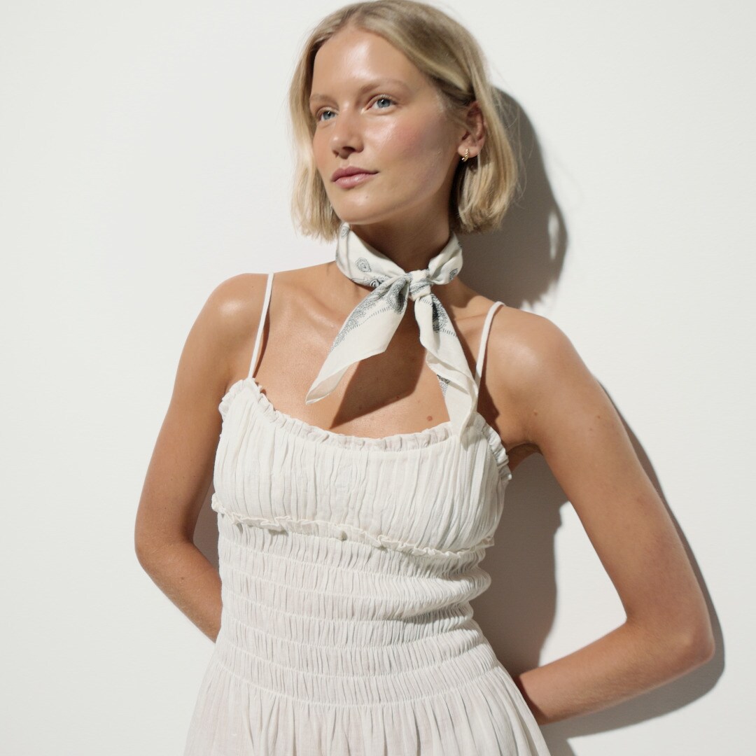 Smocked mini dress in linen-cotton blend