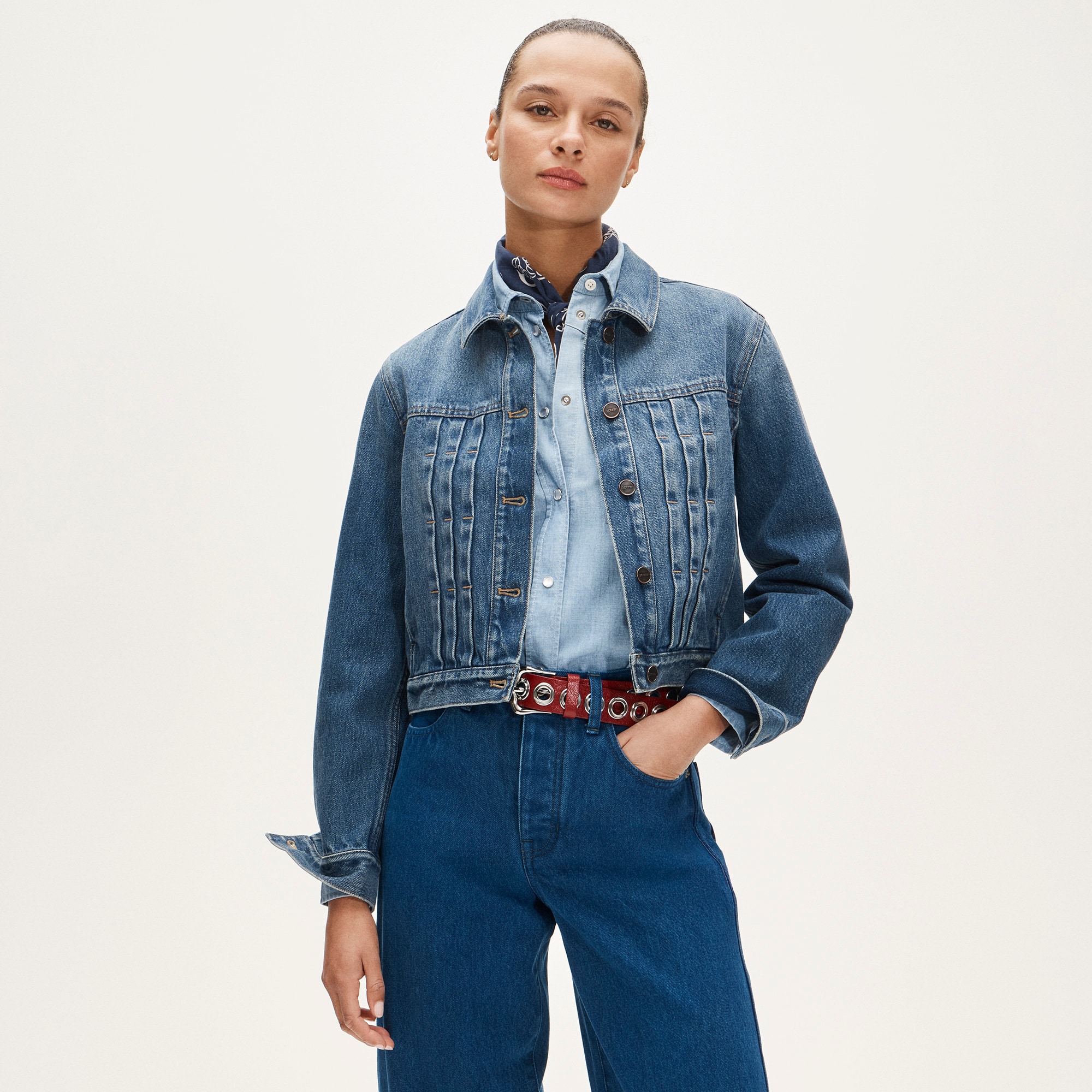 Cropped denim jacket with pintucks - image 2