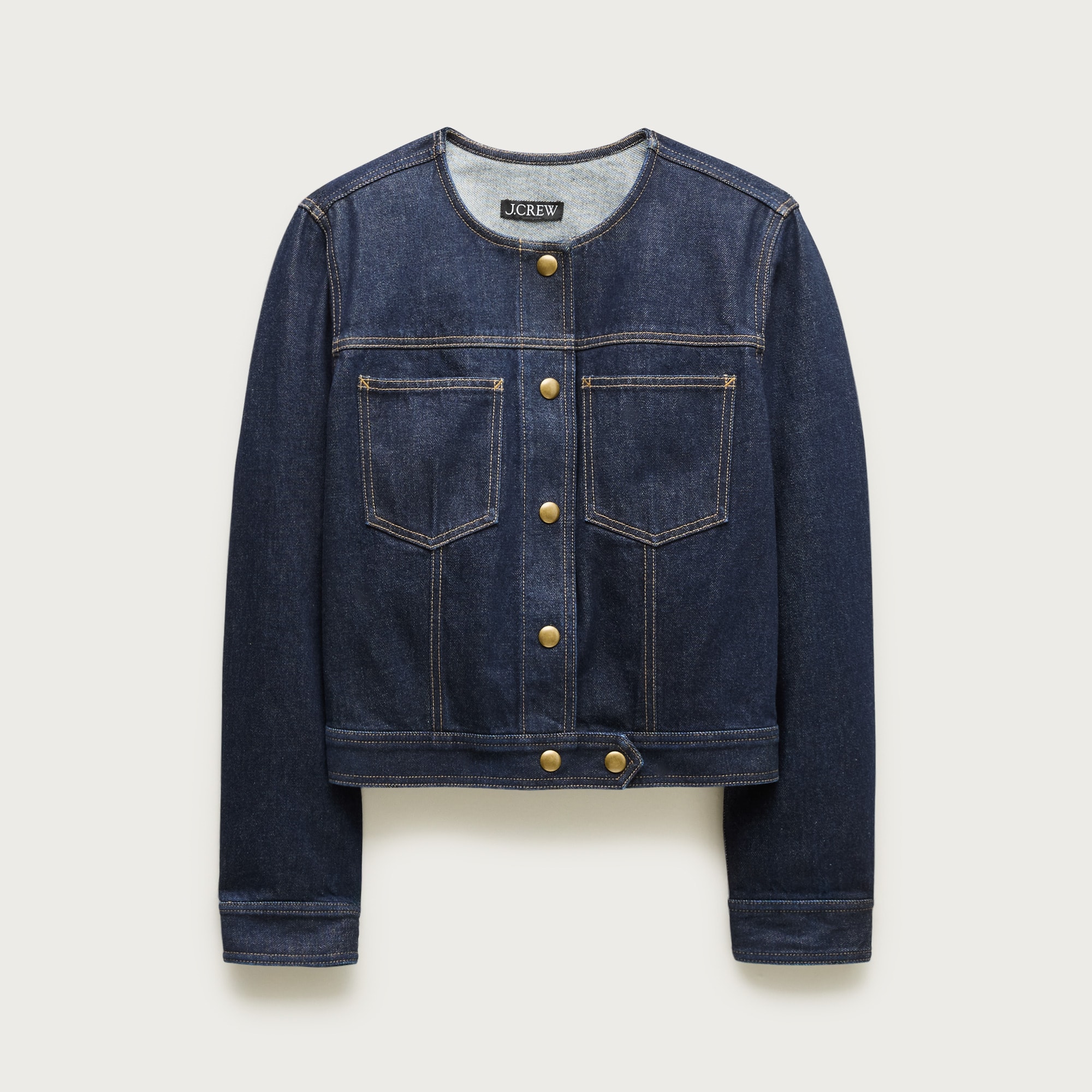 Collarless denim trucker jacket