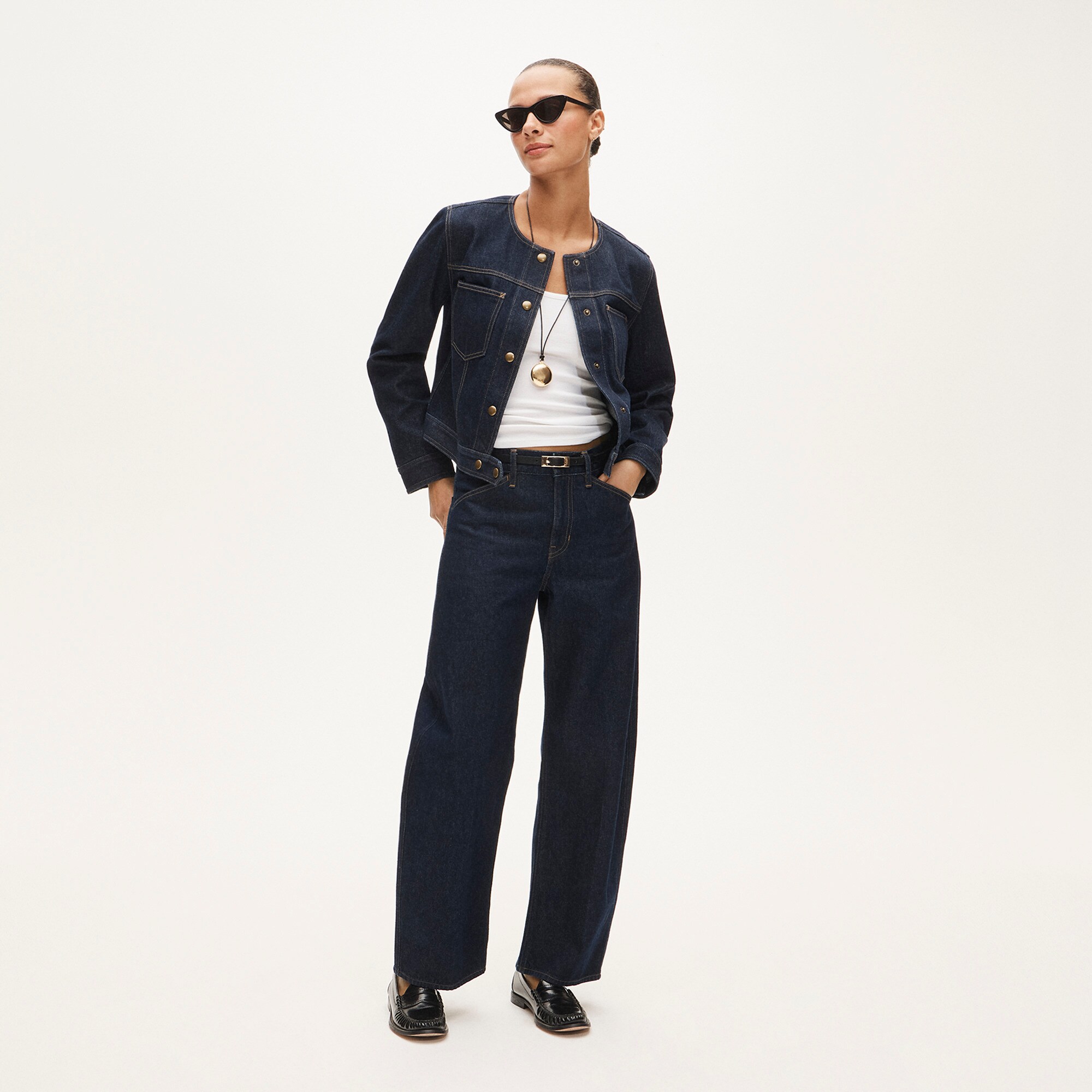 Collarless denim trucker jacket