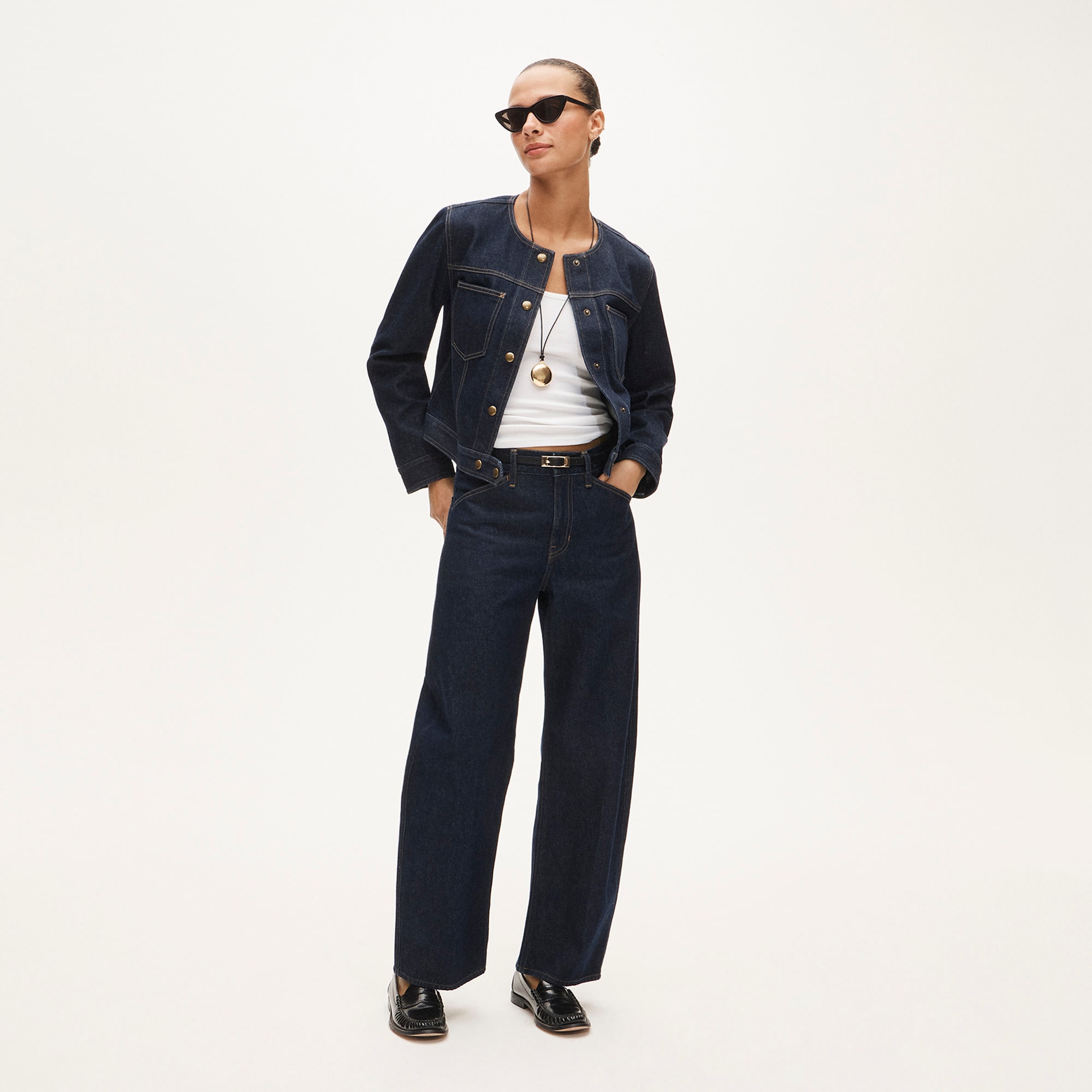 Collarless denim trucker jacket