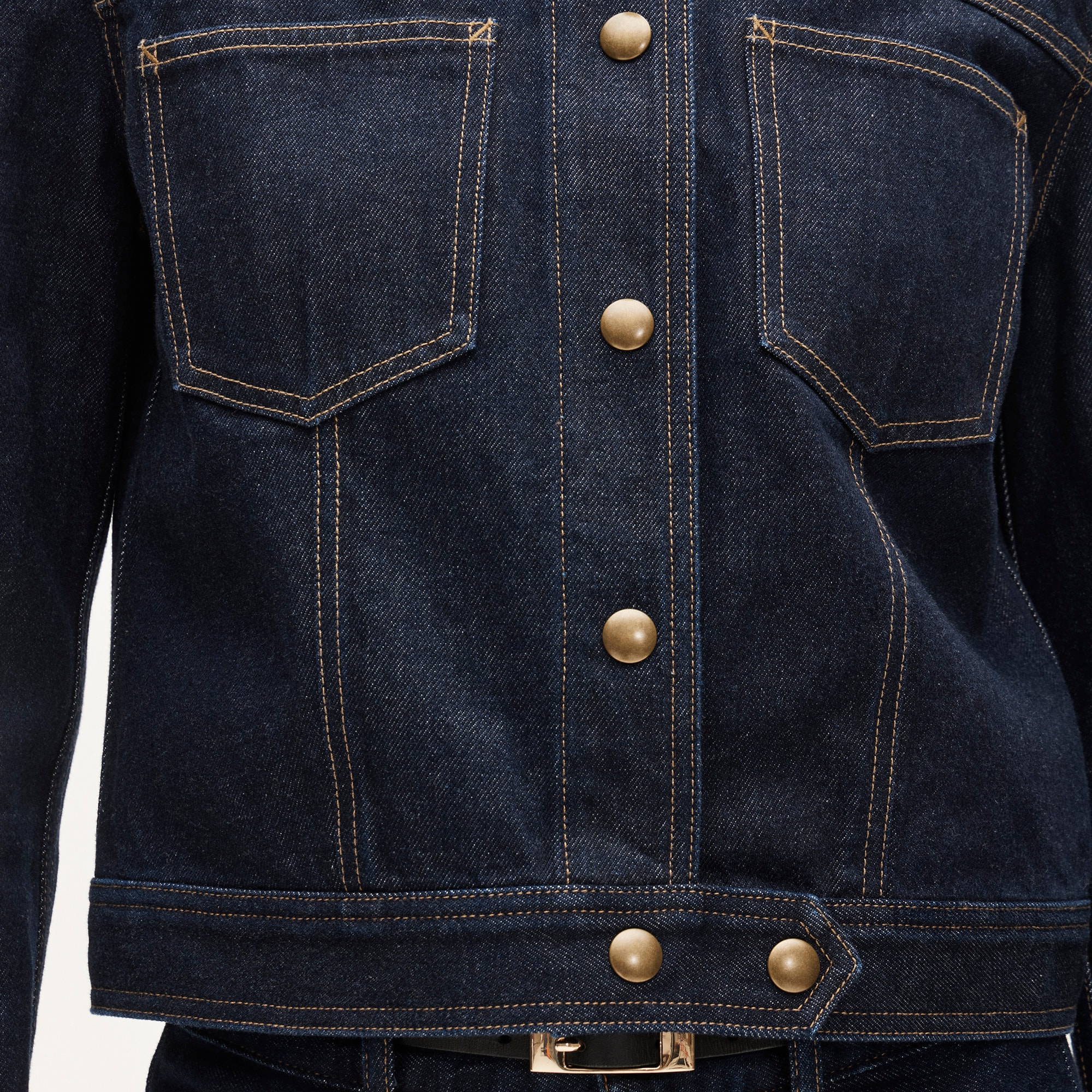 Collarless denim trucker jacket