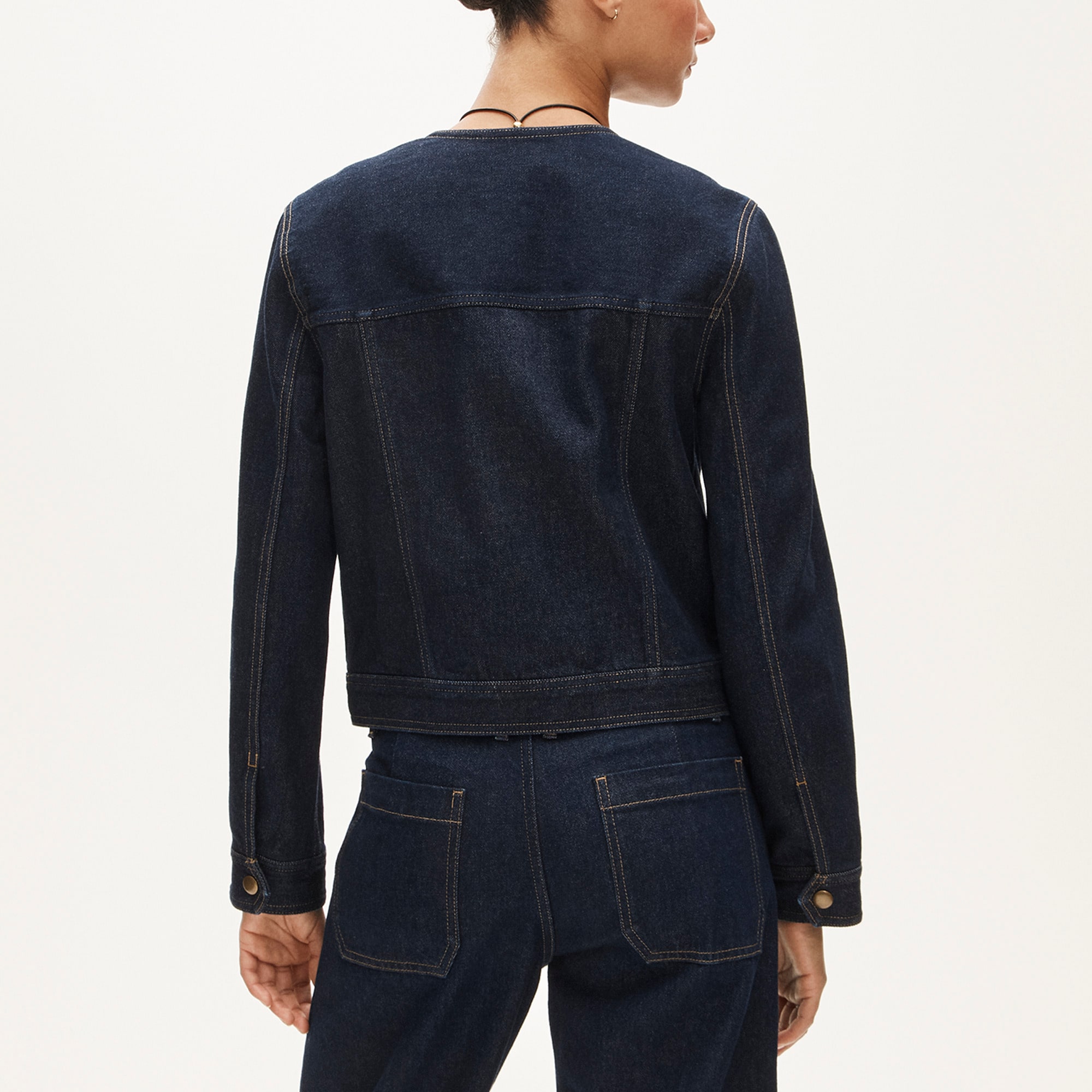 Collarless denim trucker jacket