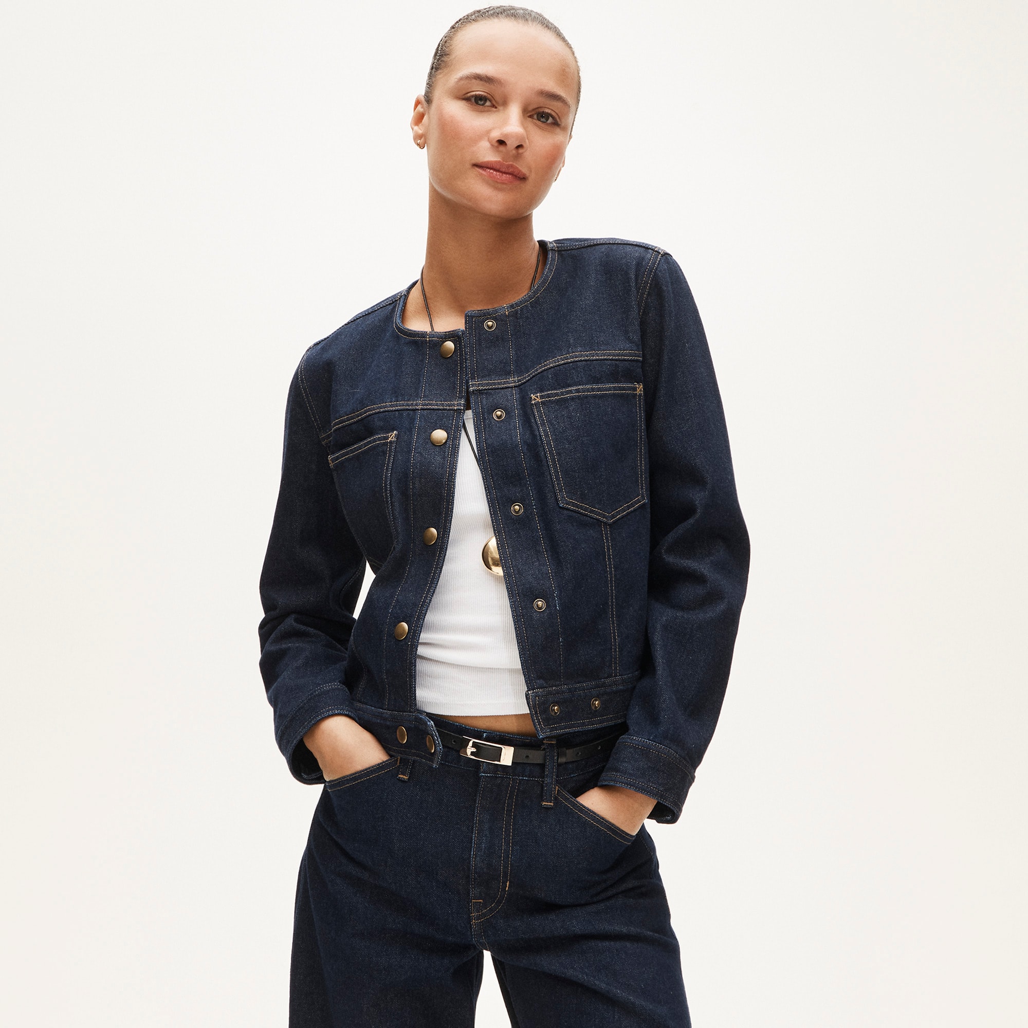 Collarless denim trucker jacket