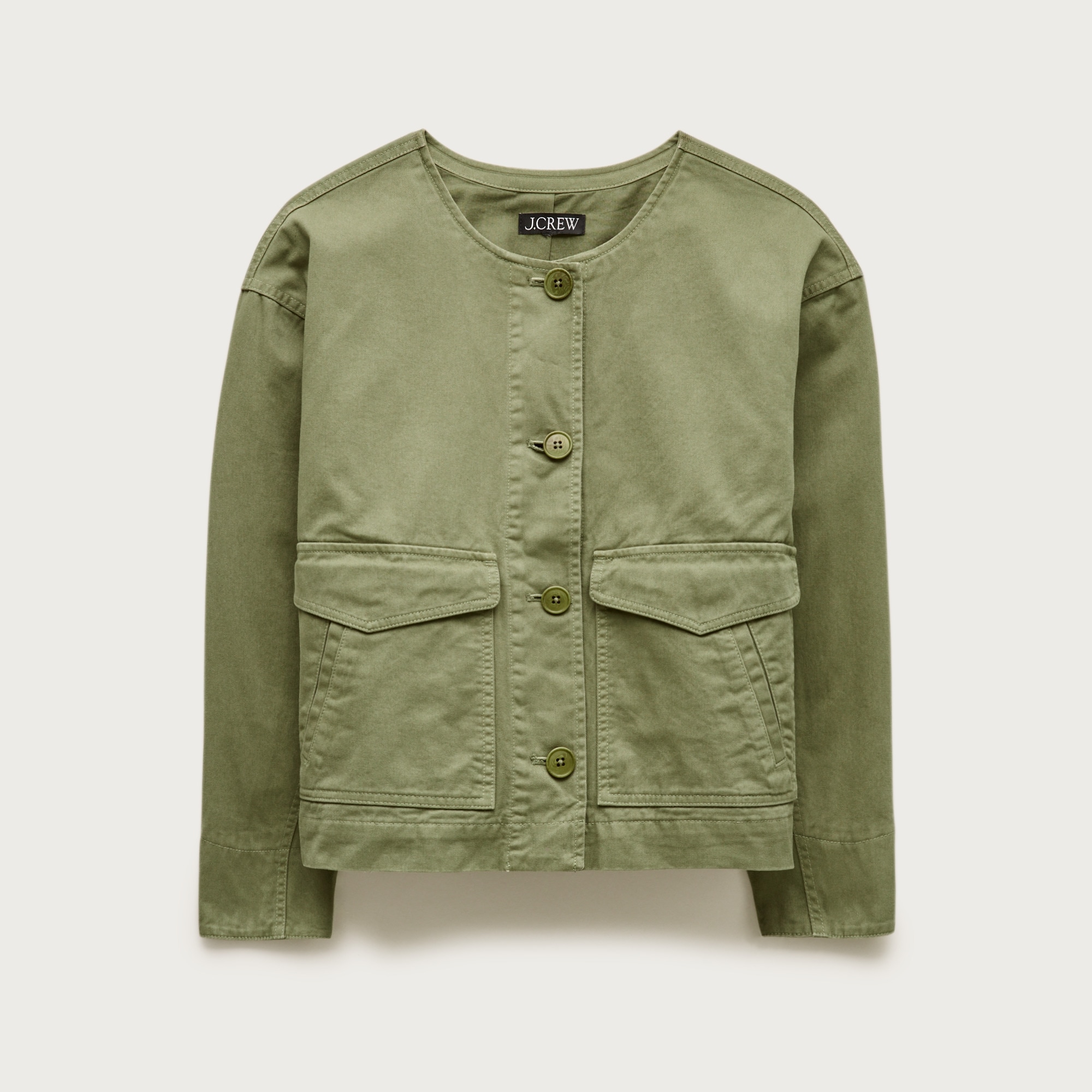 Collarless utility jacket in brushed cotton twill