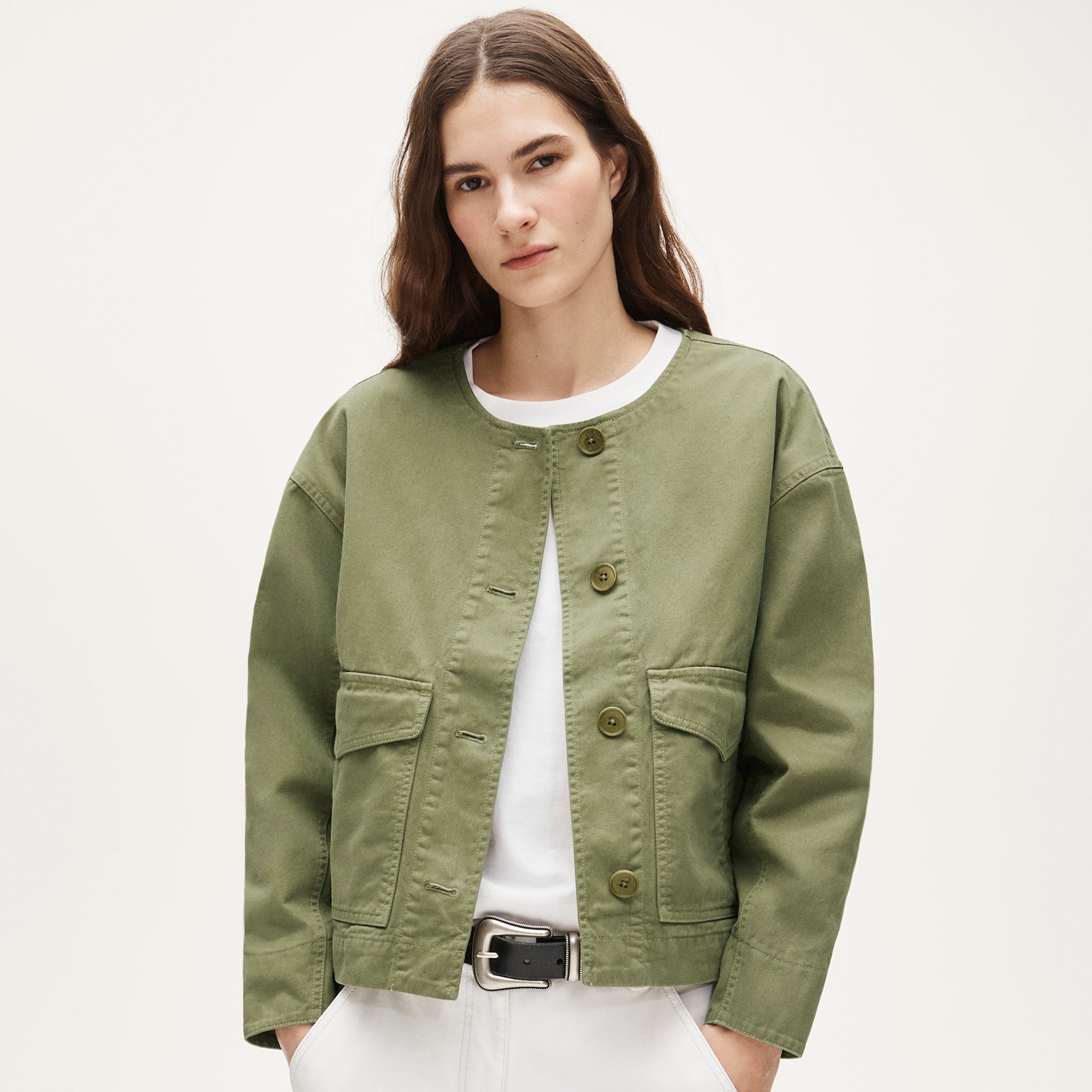Collarless utility jacket in brushed cotton twill - image 2