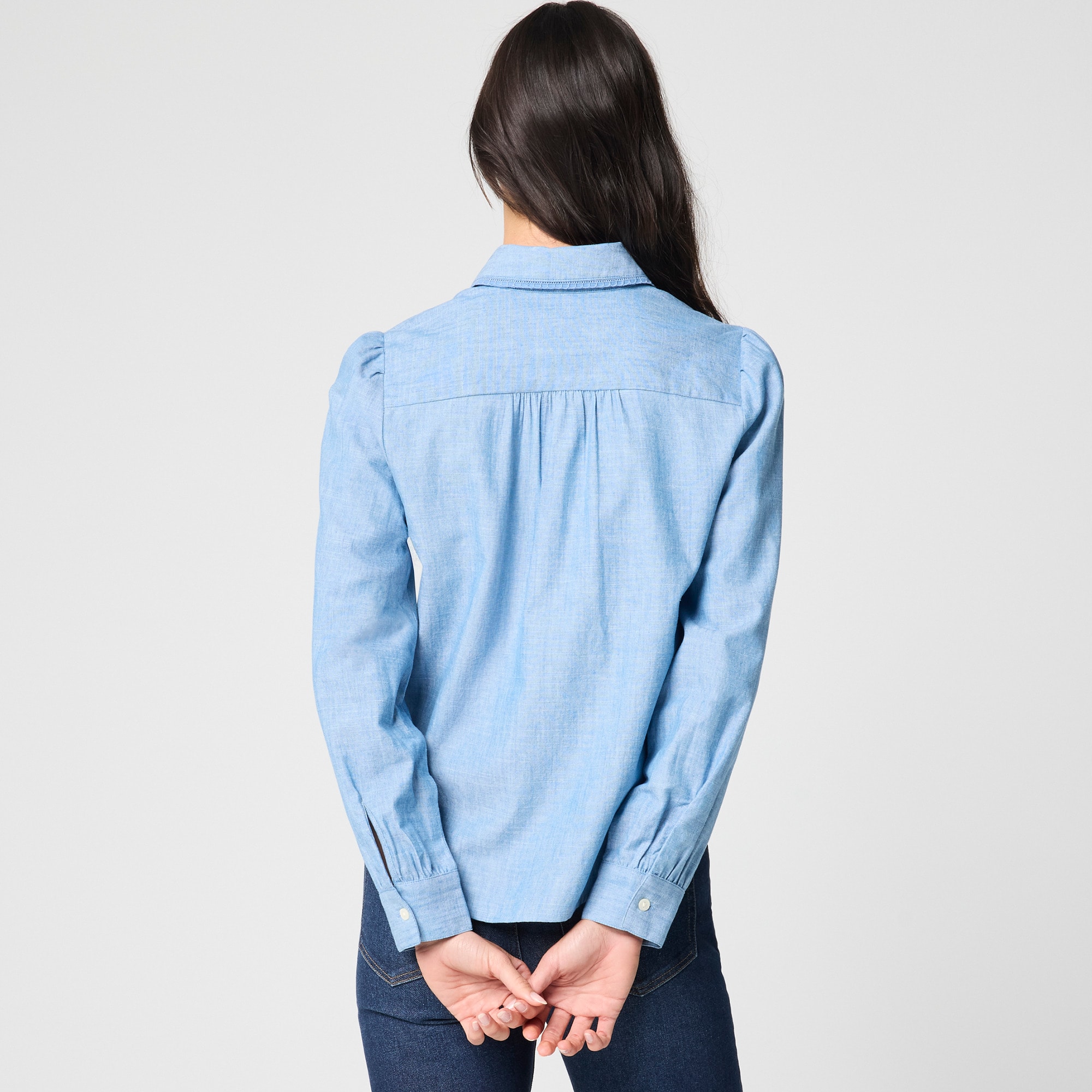 Lace-trim chambray button-up shirt