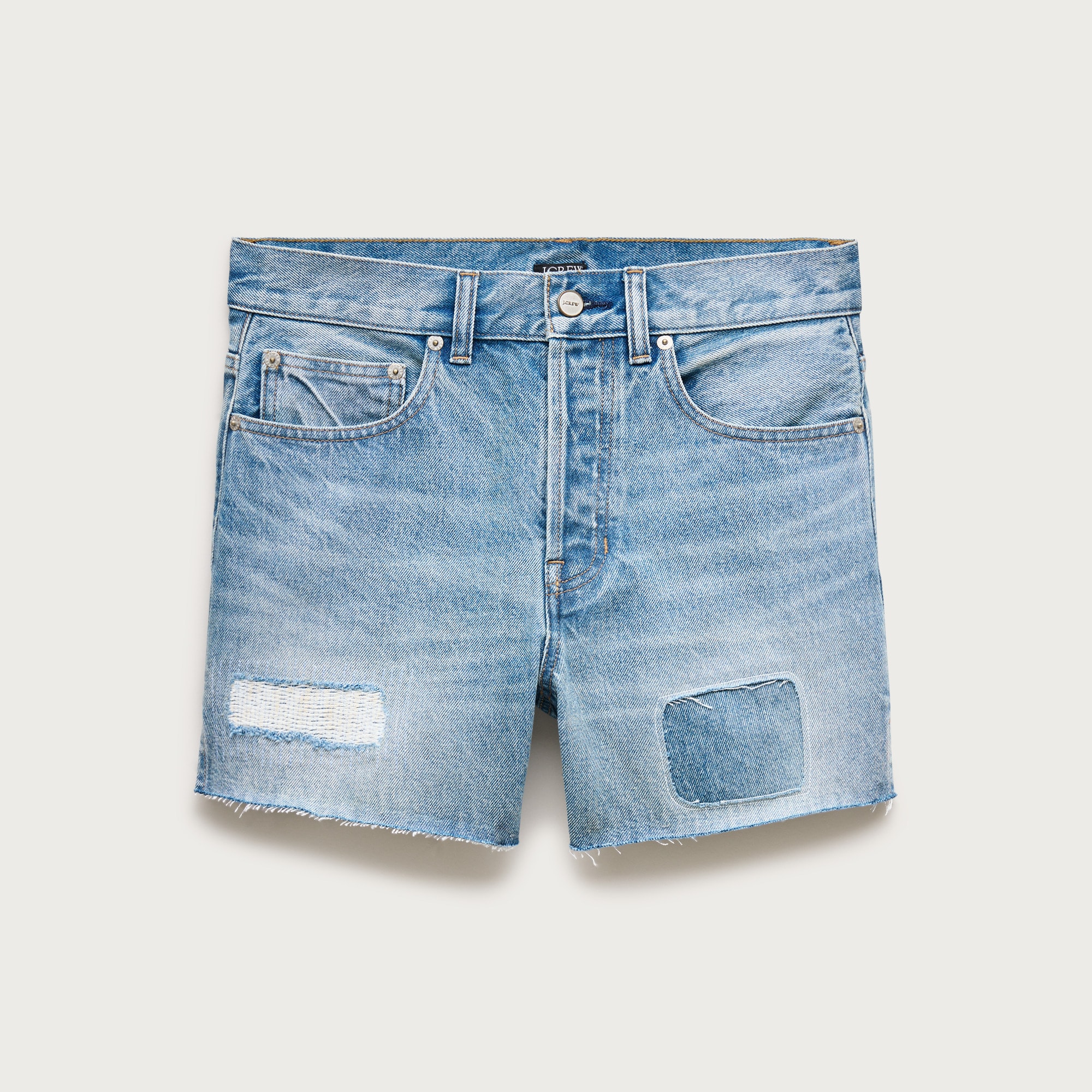 Mid-rise A-line denim short in patchwork