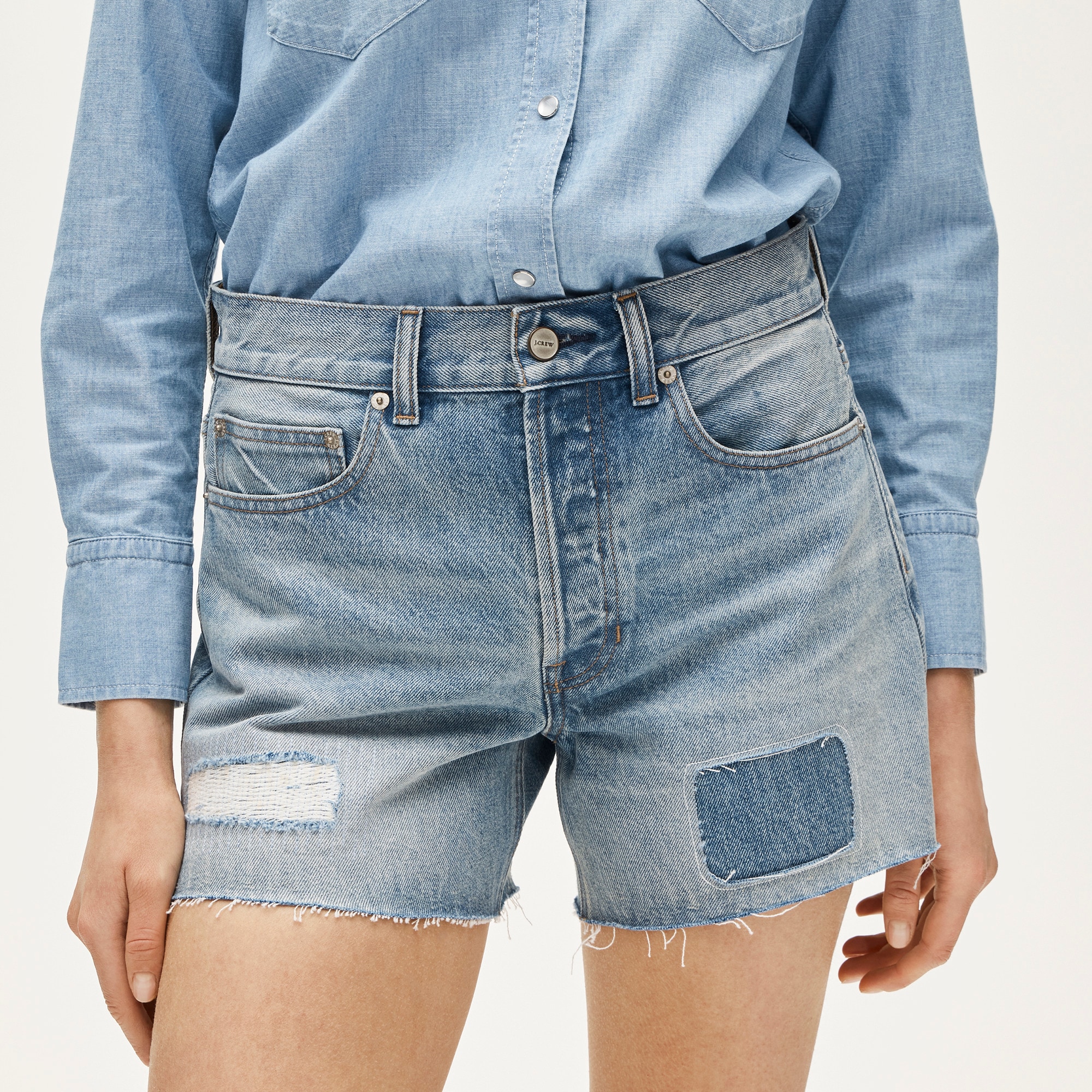 Mid-rise A-line denim short in patchwork - image 4
