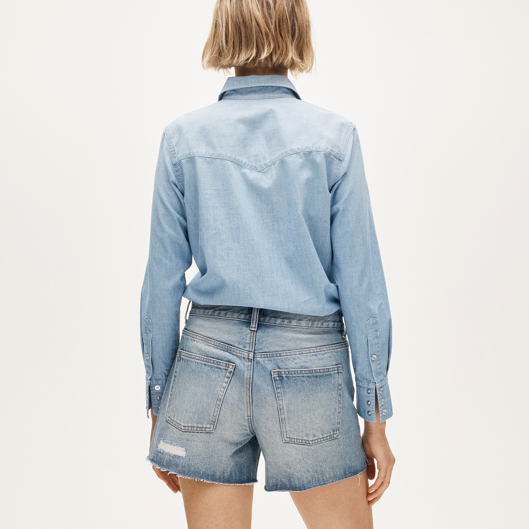 Mid-rise A-line denim short in patchwork - image 5