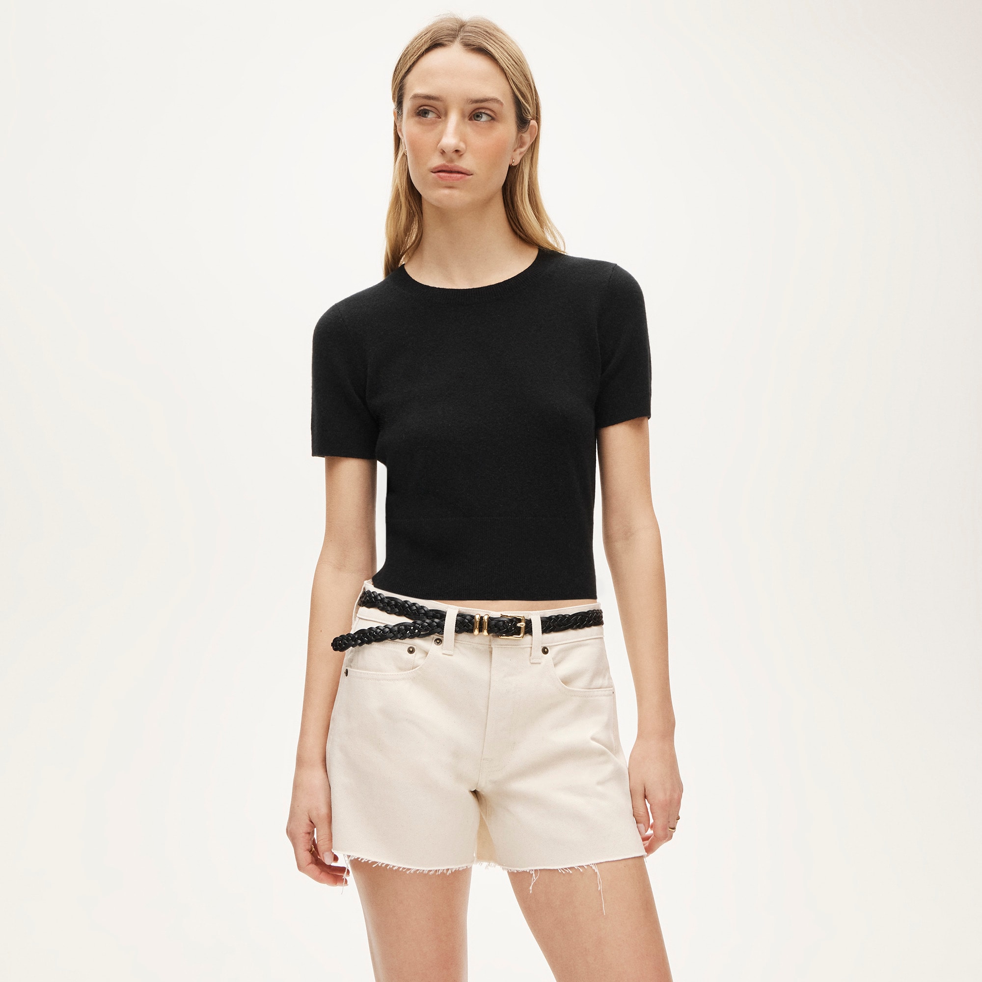 Mid-rise A-line denim short in ecru - image 2