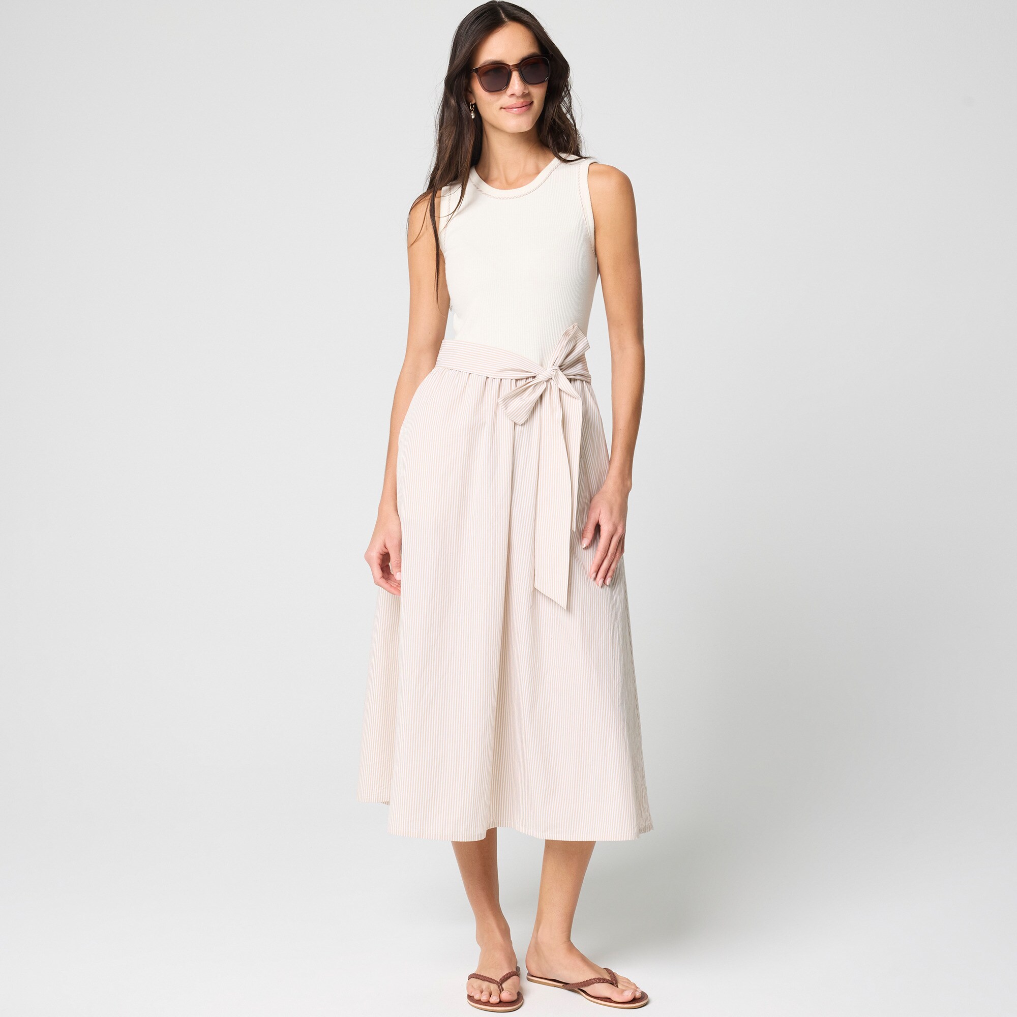 Tie-waist mixed-media midi dress