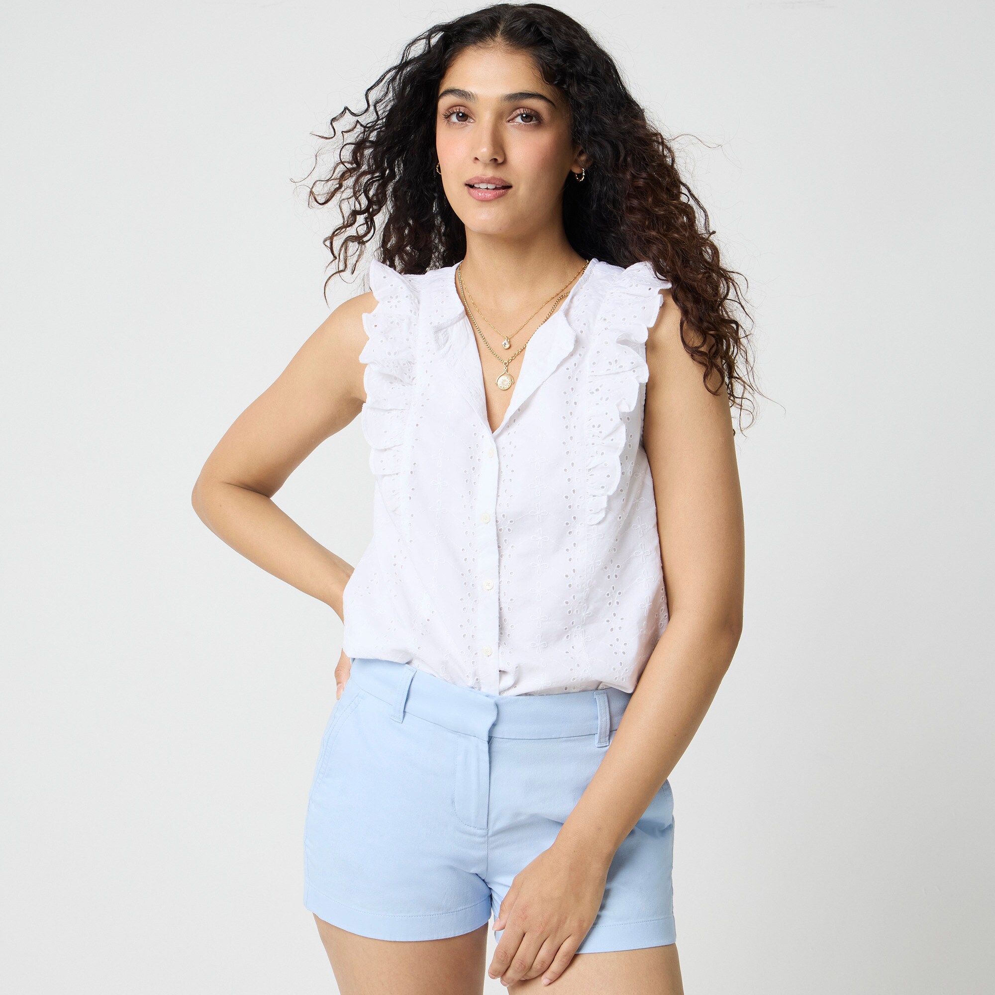 Eyelet flutter-sleeve top