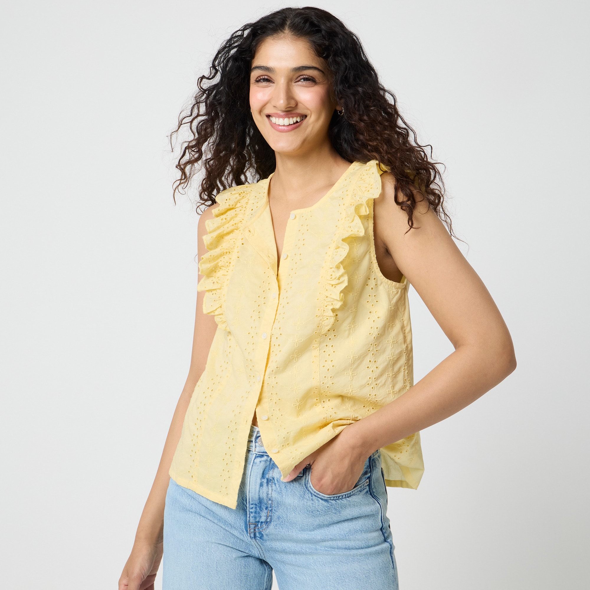 Eyelet flutter-sleeve top