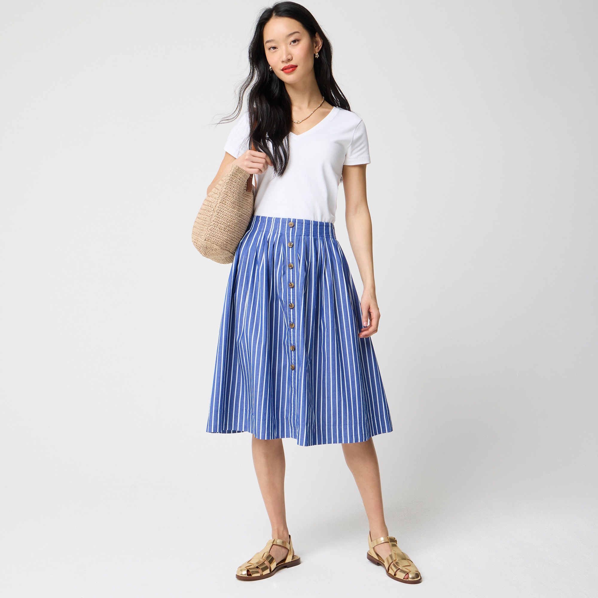 Pleated button-front midi skirt