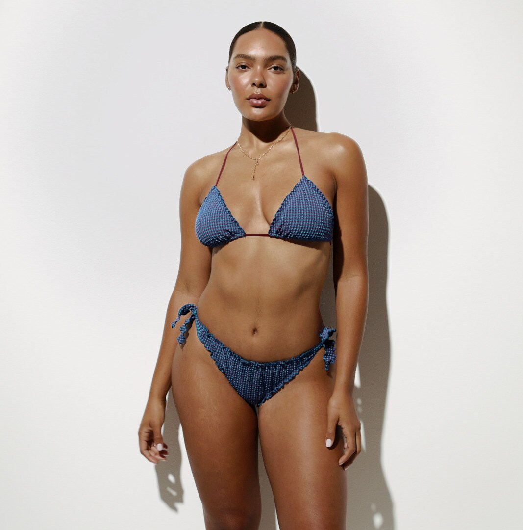 Lettuce-trim string bikini top in gingham