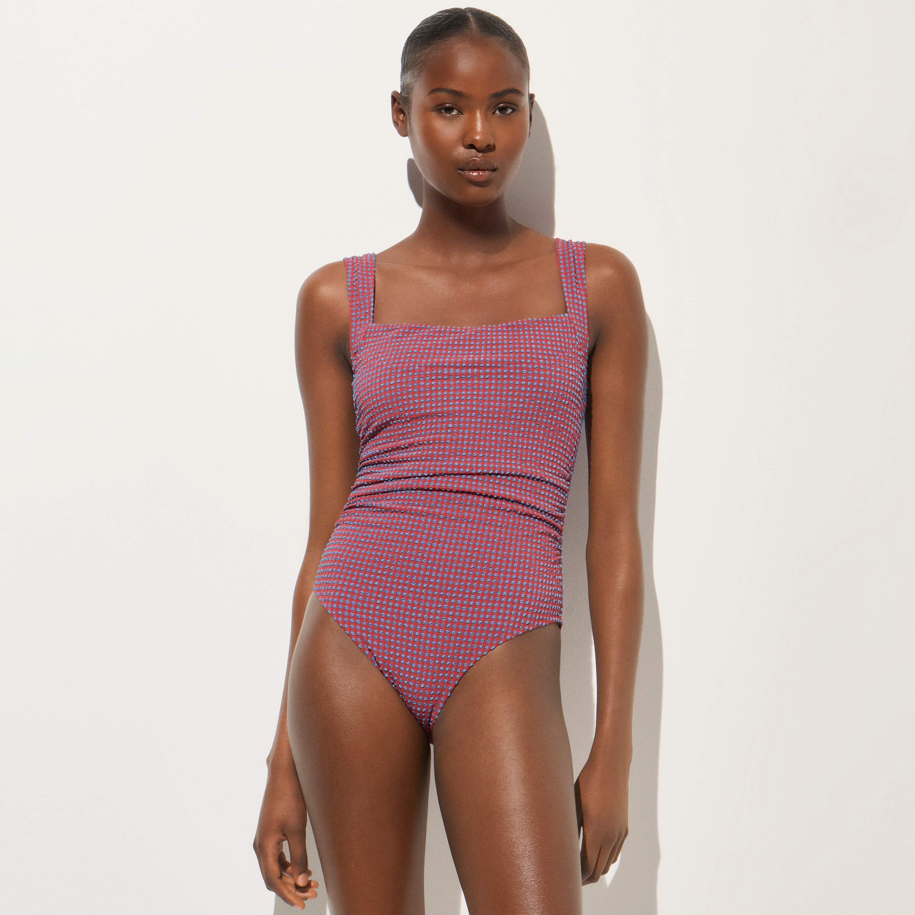 Nia ruched squareneck one-piece in gingham