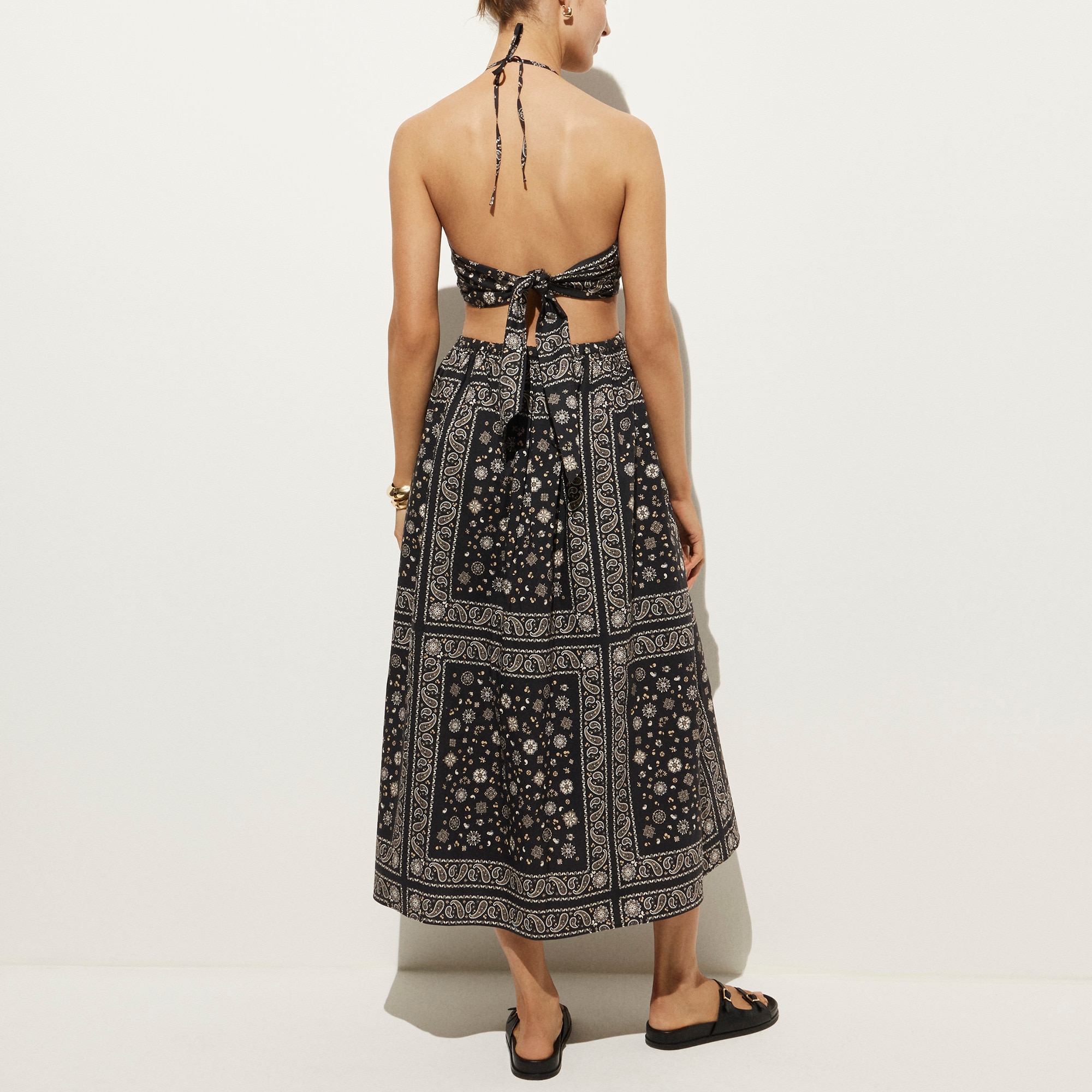 Side-cutout halter dress in bandana-print cotton poplin