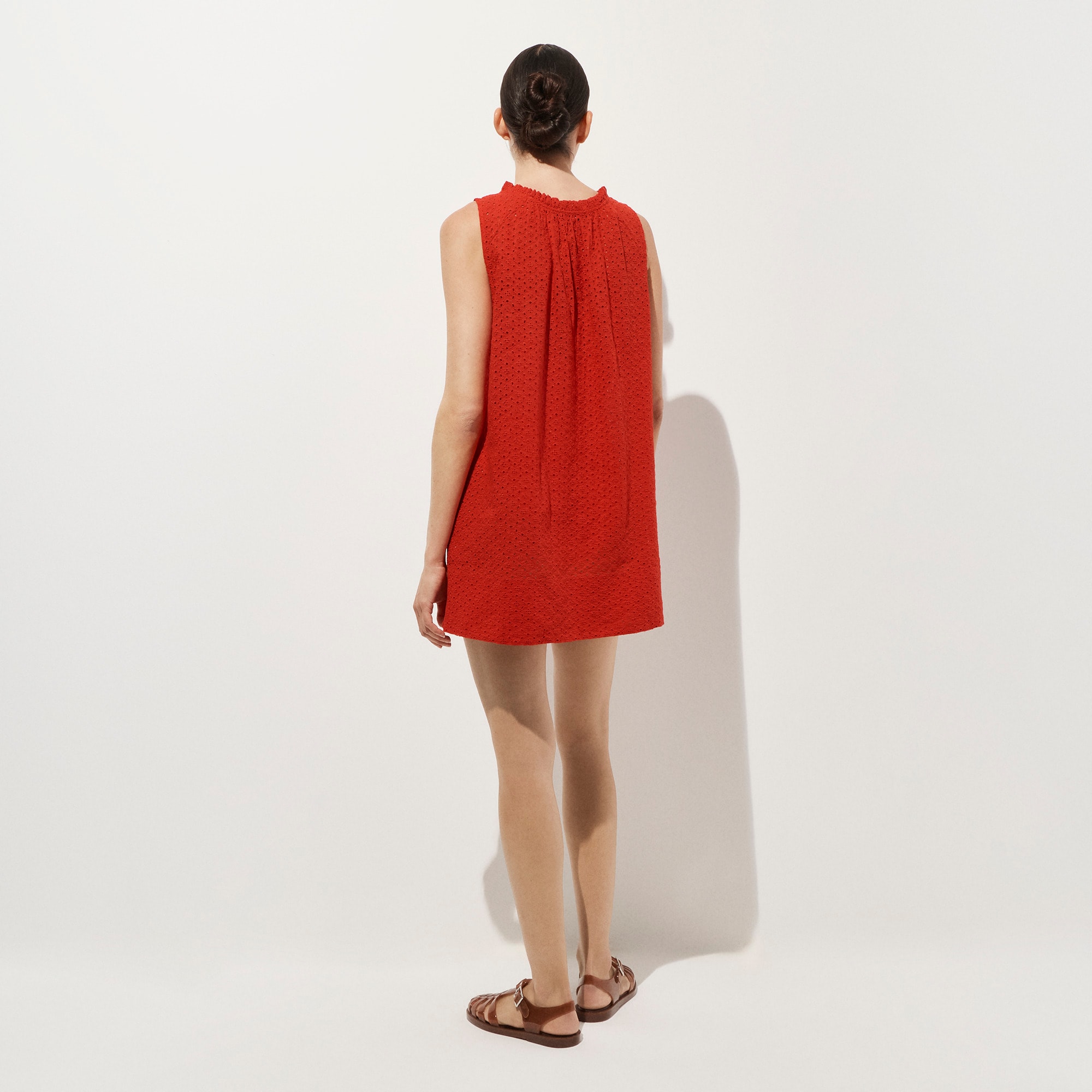 Ruffle-trim scoopneck eyelet mini dress
