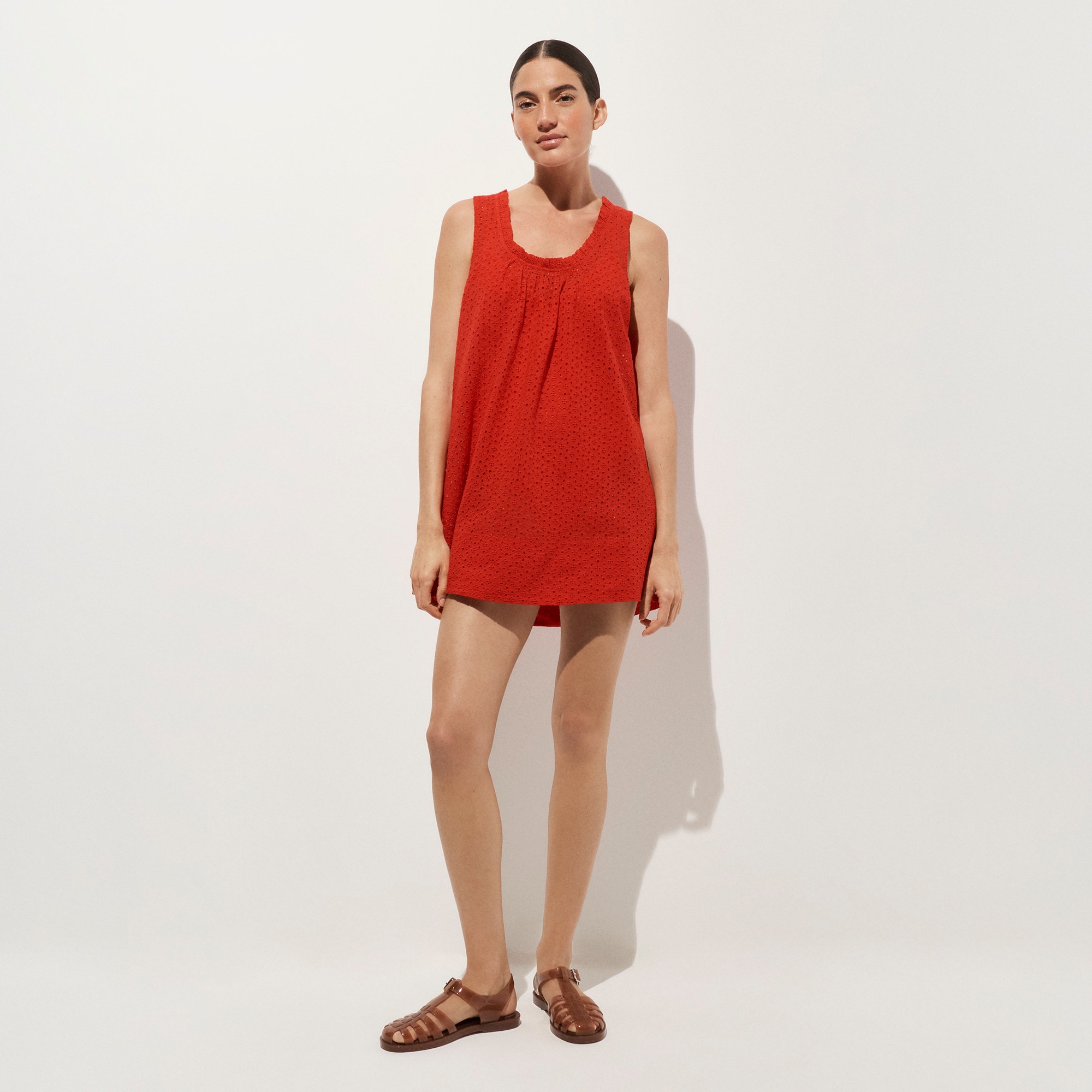 Ruffle-trim scoopneck eyelet mini dress