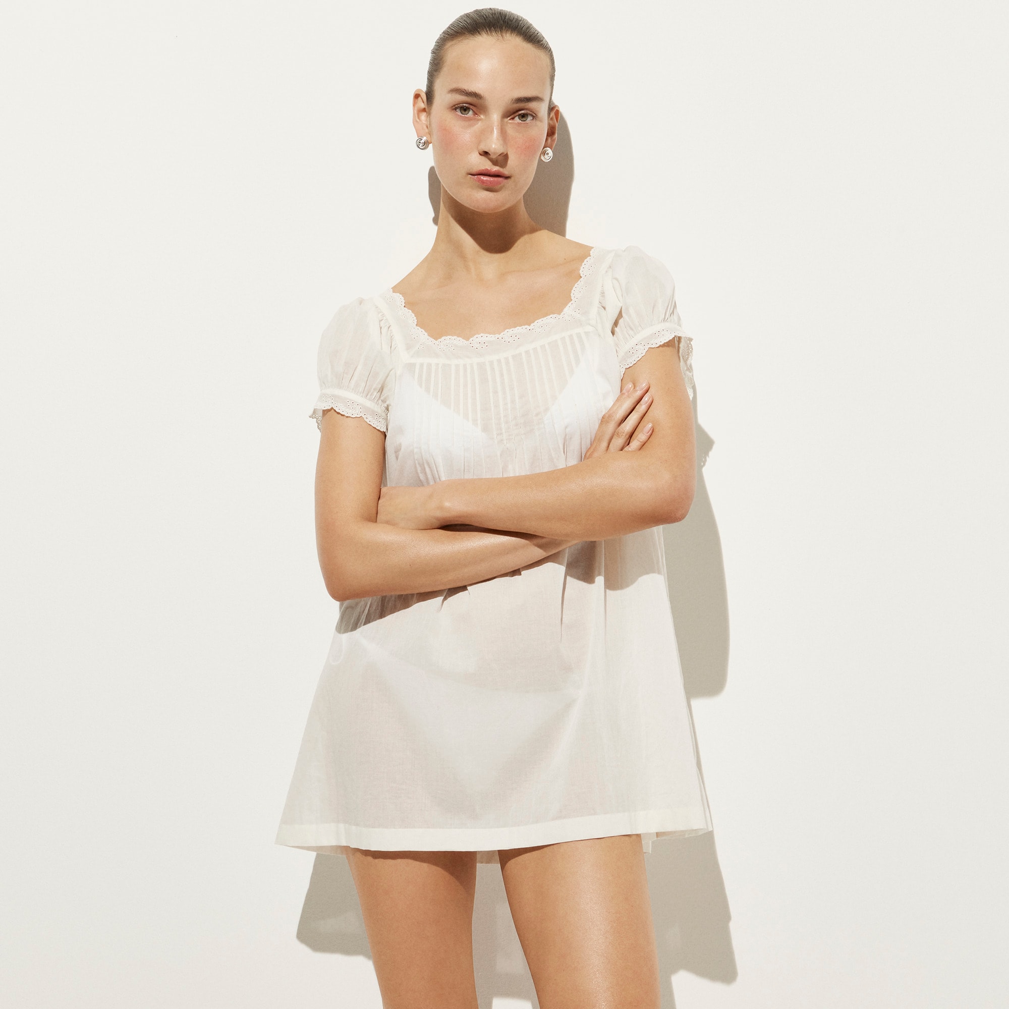 womens Cotton voile scallop-trim babydoll dress