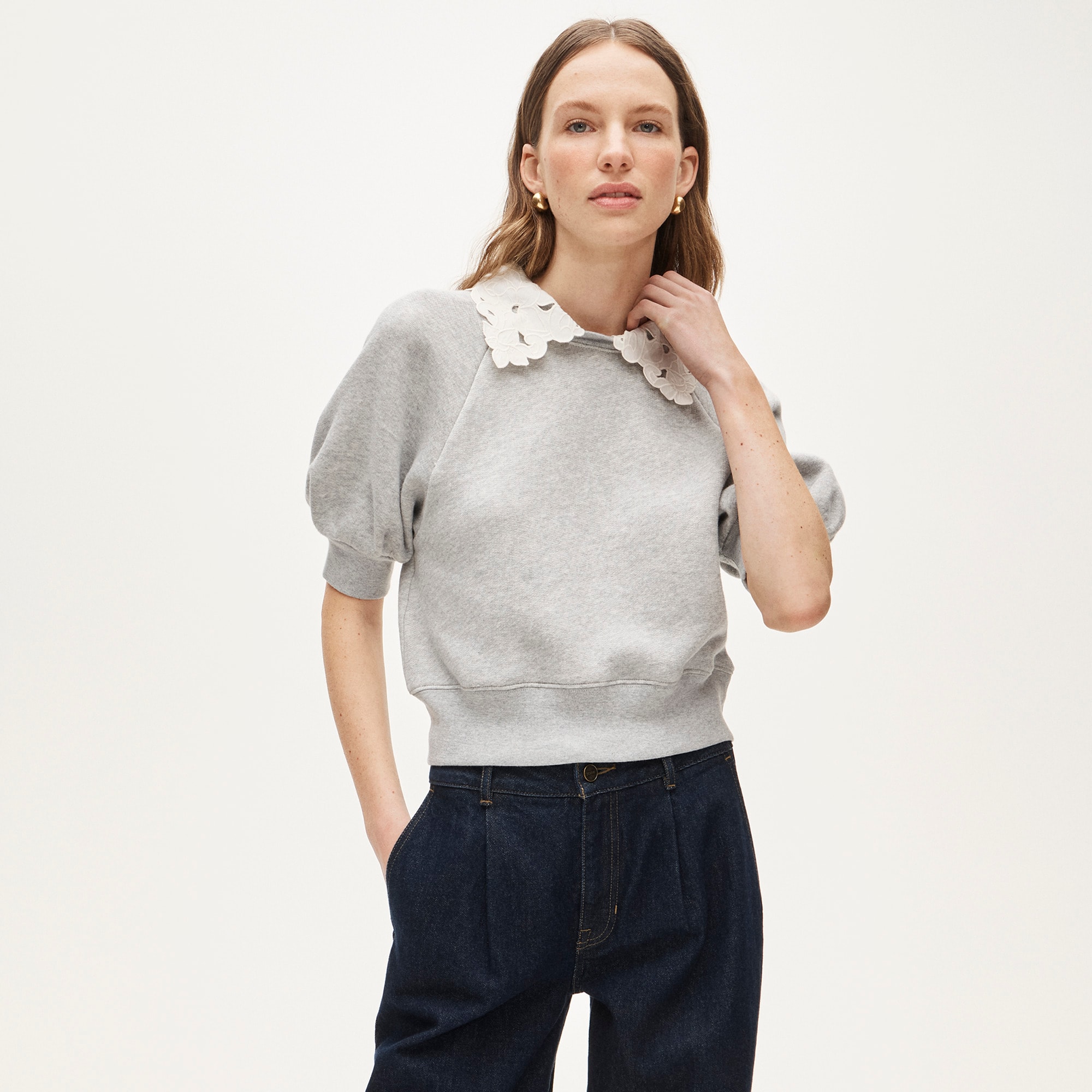 Heritage terry puff-sleeve sweatshirt with eyelet collar - image 2