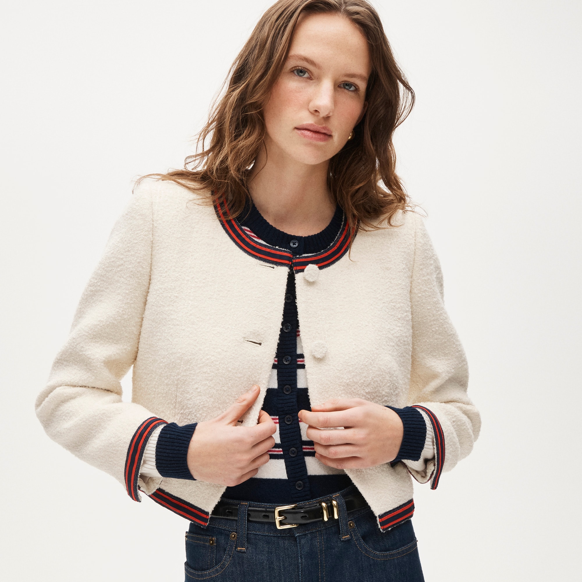 womens Contrast-trim lady jacket in boucl&eacute; tweed