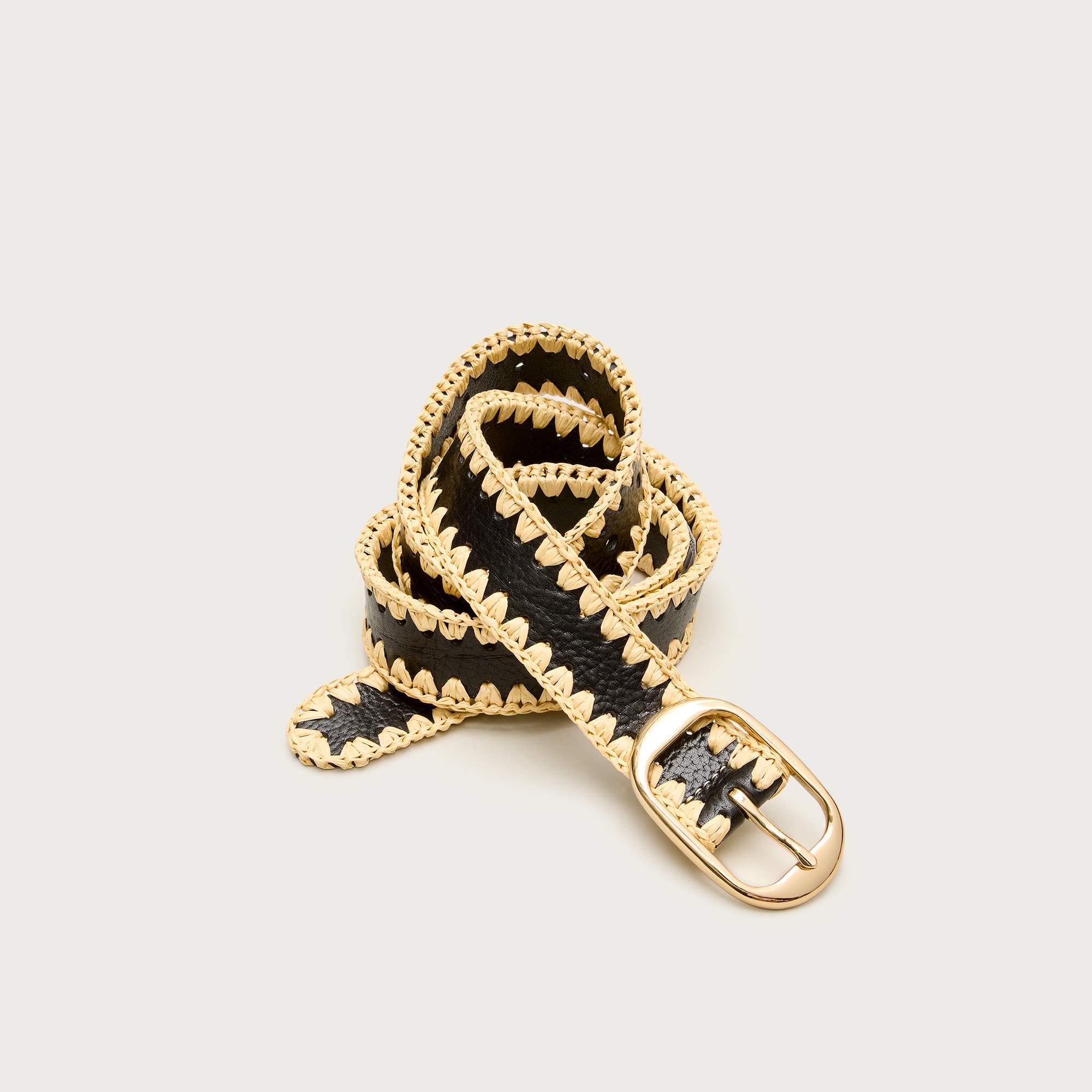 Oval buckle belt in leather and faux raffia