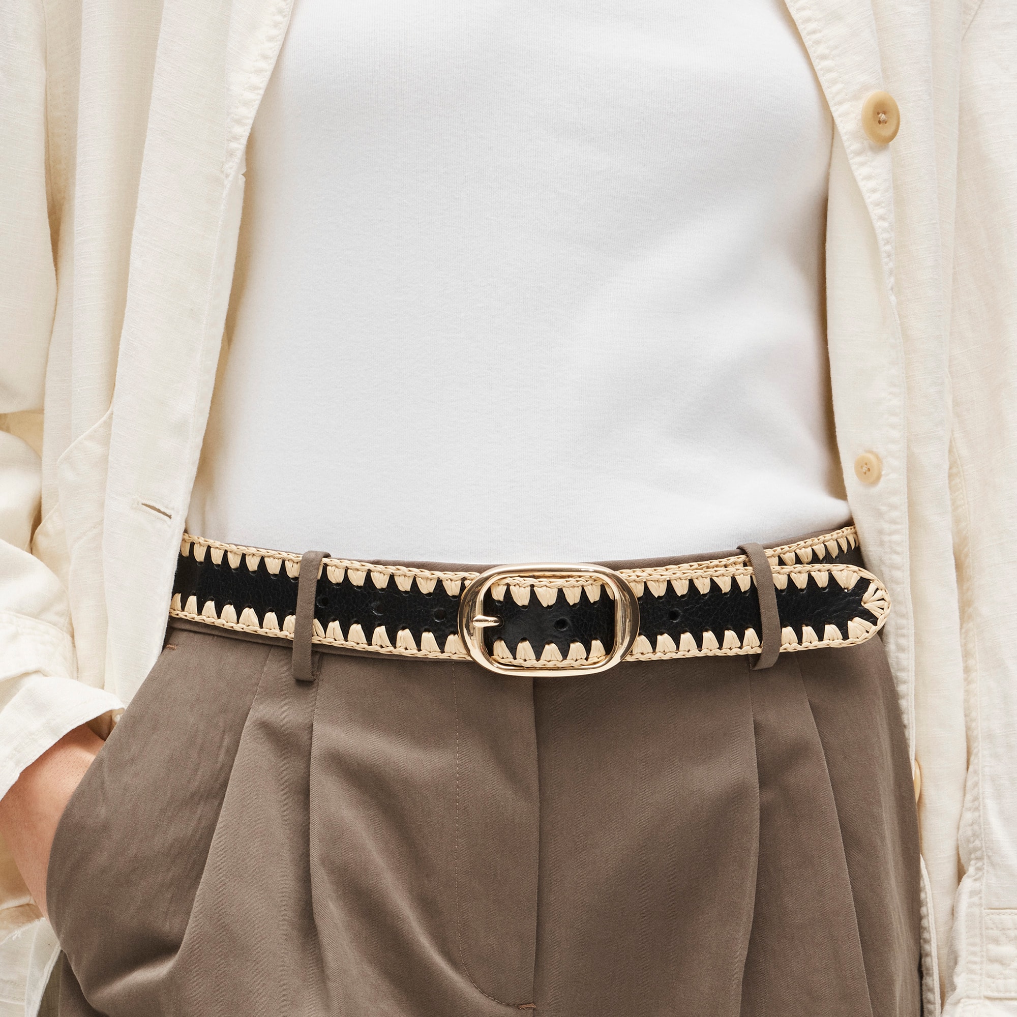 Oval Buckle Belt In Leather And Faux Raffia For Women | J.Crew