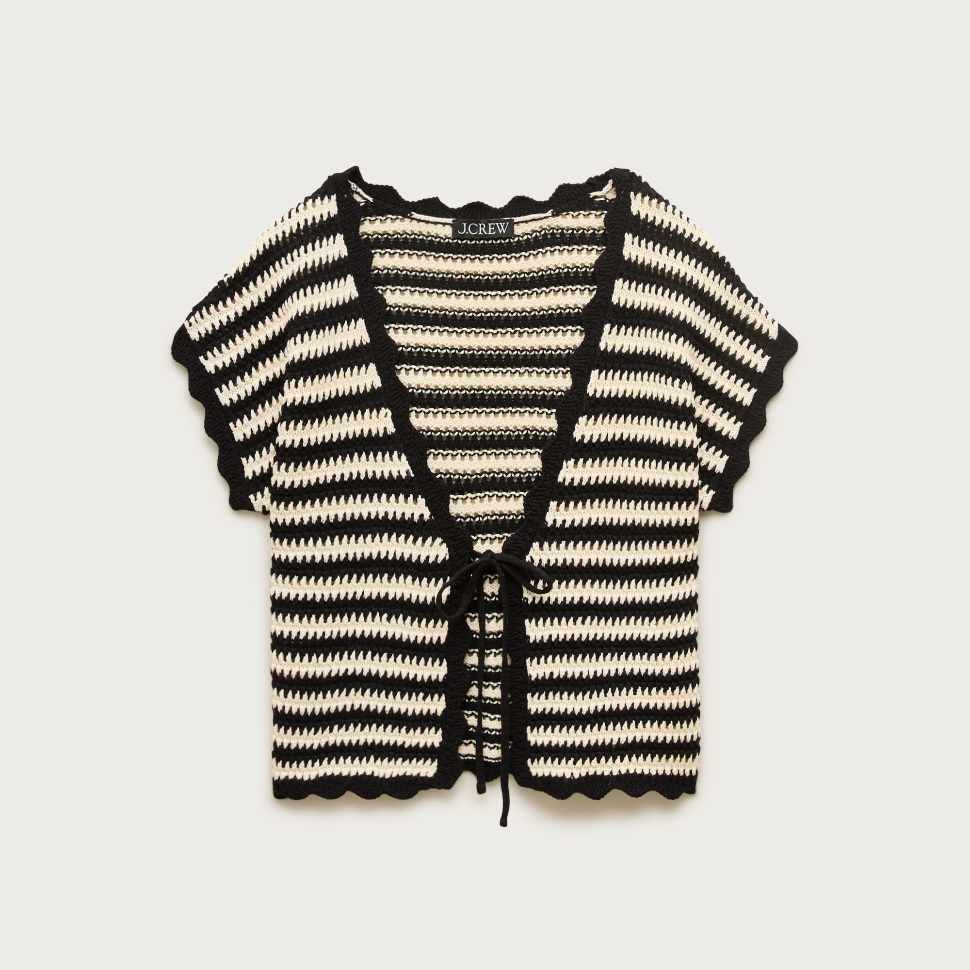 Scallop-trim tie-front crochet top in stripe
