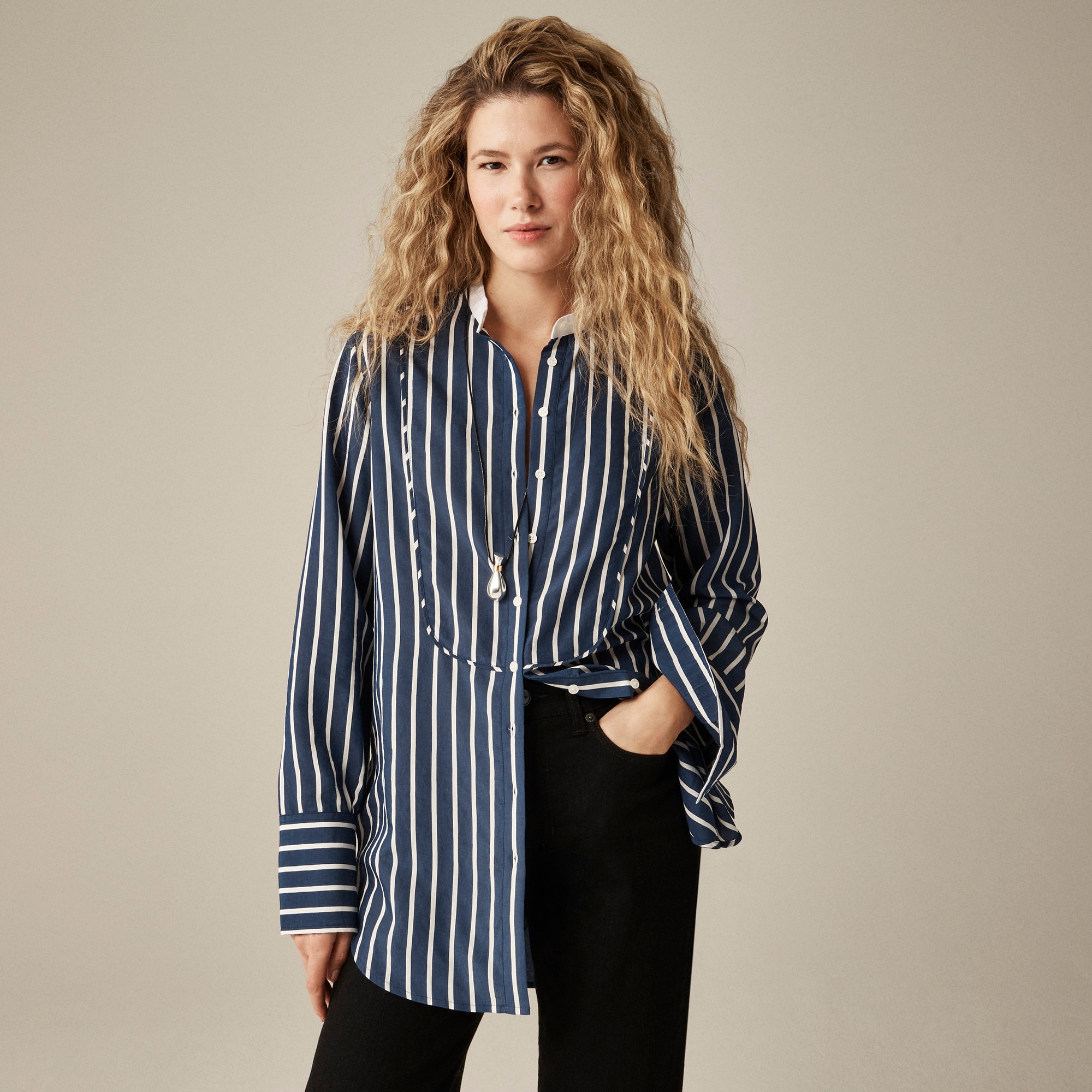 womens Tuxedo-bib button-up shirt in stripe