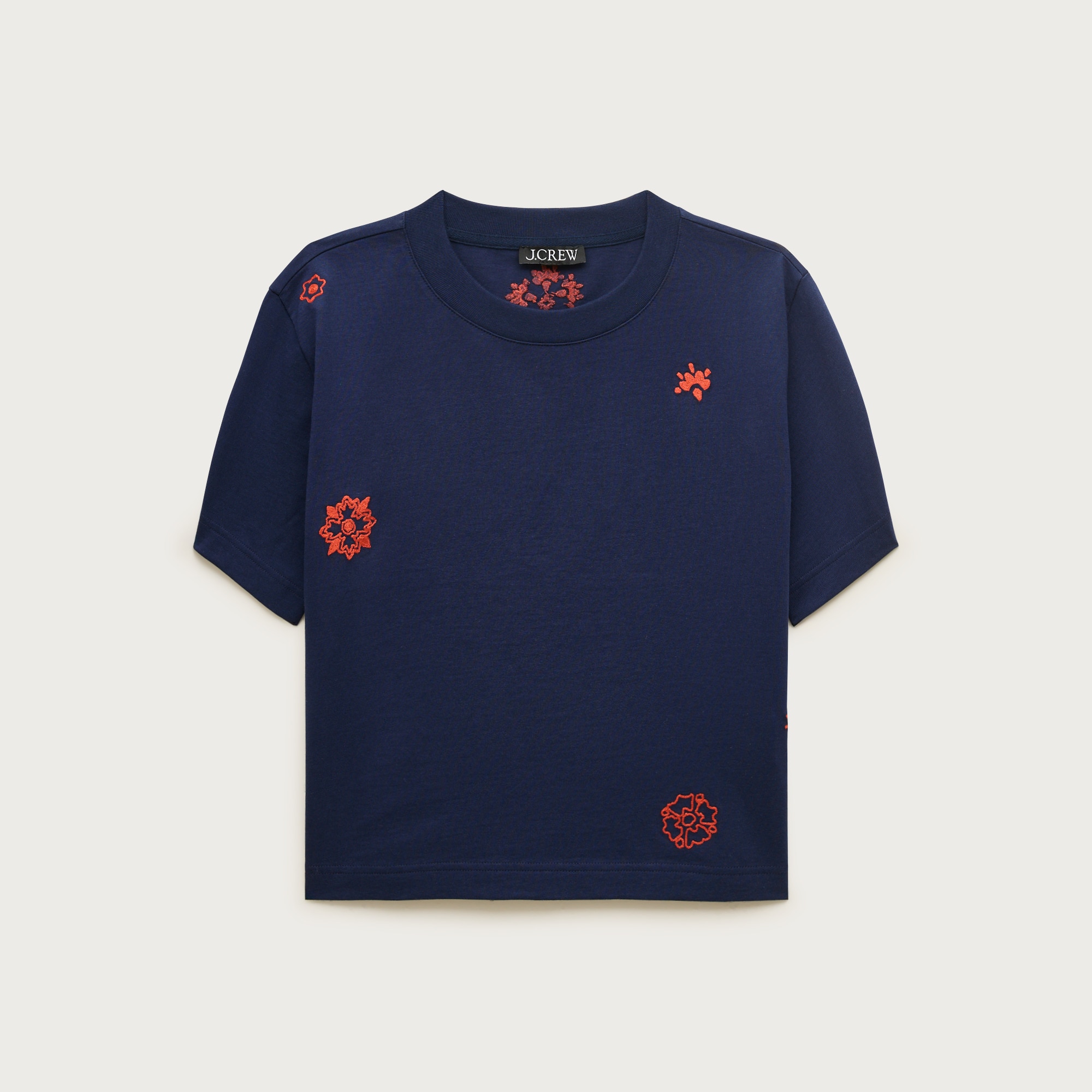 Boyfriend jersey relaxed cropped T-shirt with floral chain stitch